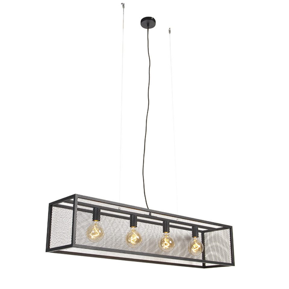 Qazqa Pendelleuchte Cage_mesh, ohne Leuchtmittel, E27, Schwarz, Industrie, Stahl, 4-flammig