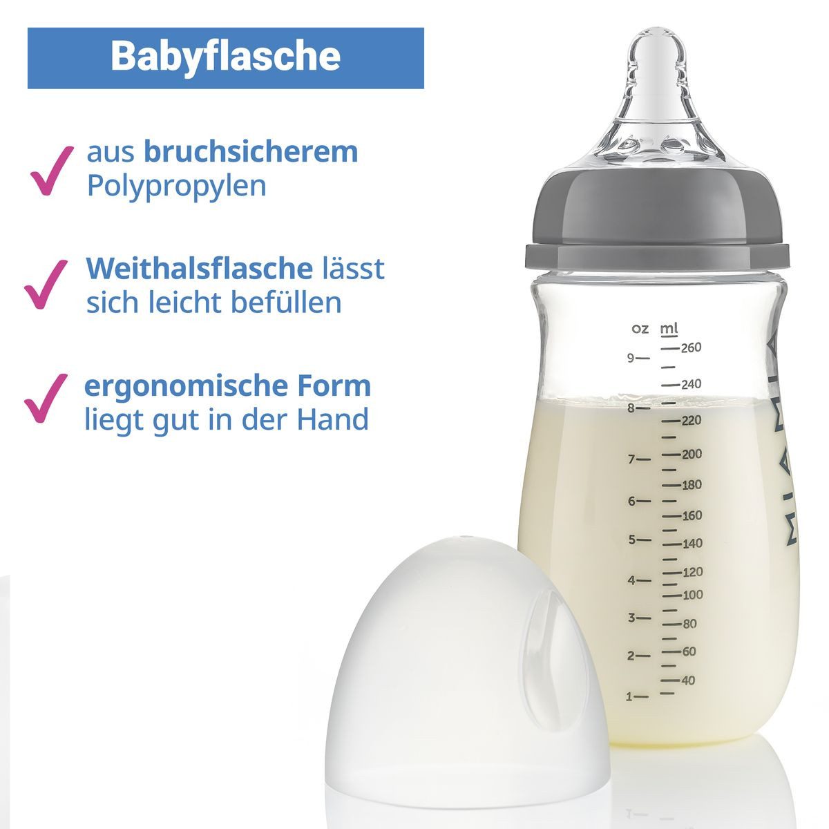 MiaMia Babyflasche PP-Flasche - Grau, 3er Pack Babyflasche 260 ml + Silikon-Trinksauger Größe S