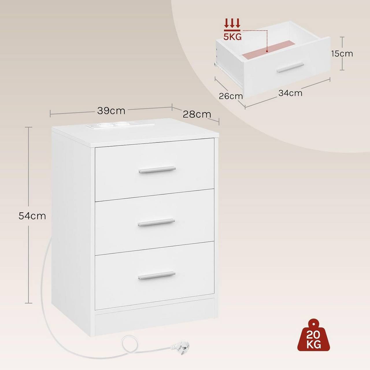 Woltu Nachttisch (2-St), mit Ladefunktion, Steckdose, 3 Schubladen, Modern
