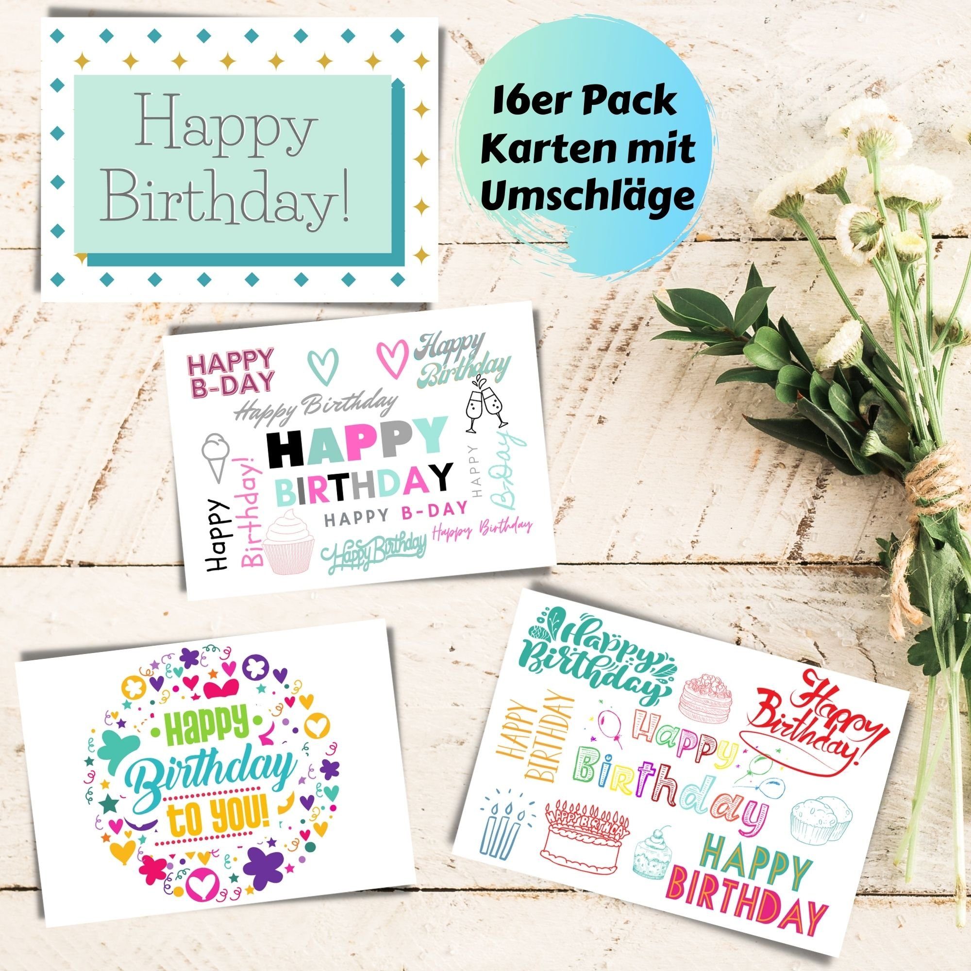 Geburtstag Geburtstagskarten Set, mit Karten 16er Geburtstagskarte Birthday Domelo Set Umschlag, zum Grußkarten Happy Postkarten, 16er Kraftpapier