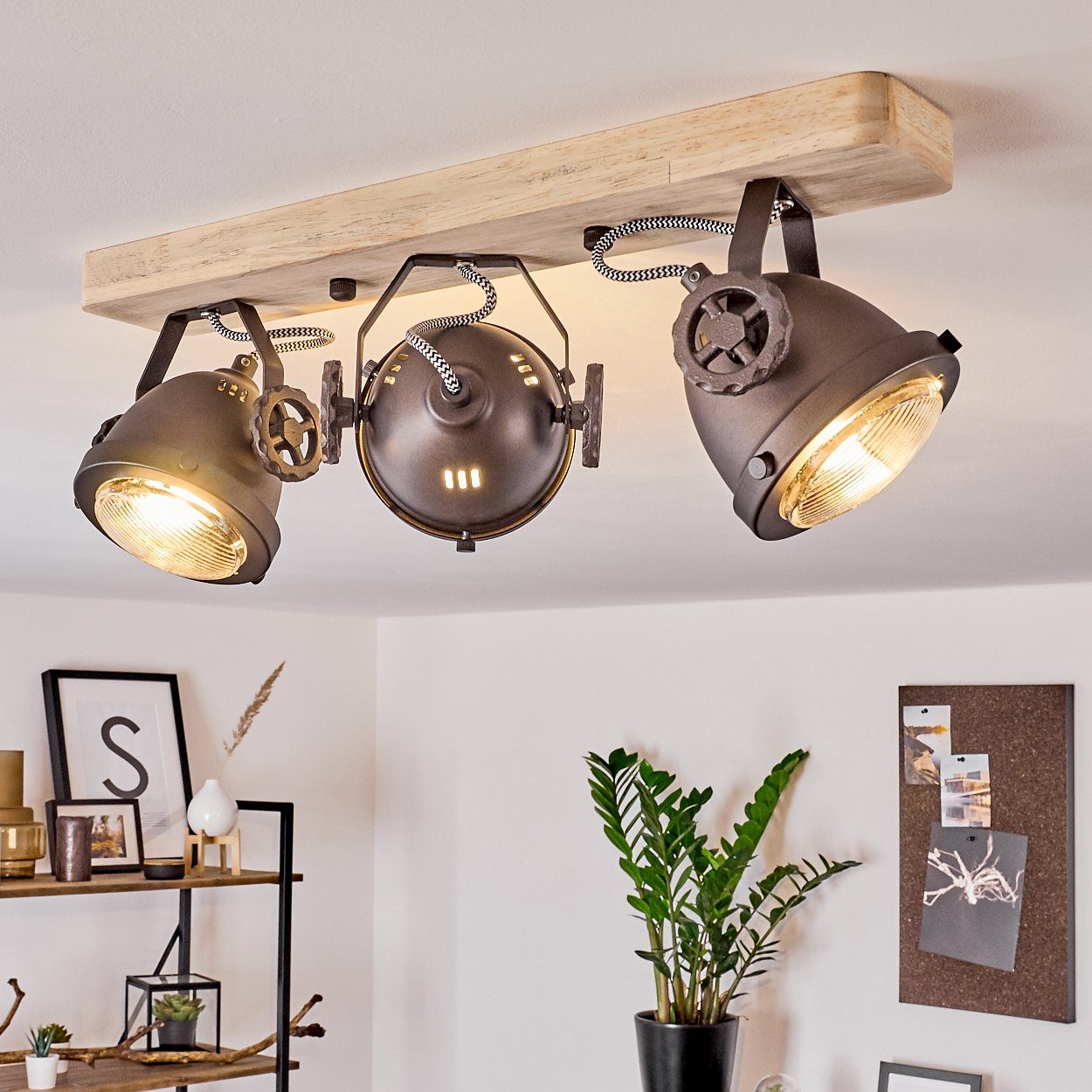 hofstein Deckenleuchte »Biati« verstellbare Deckenlampe, Metall/Holz/Glas, Schwarz-Braun, ohne Leuchtmittel, 3xGU10, max. 50 Watt, dreh-/schwenkbarer Spot im Retro Design, Natur