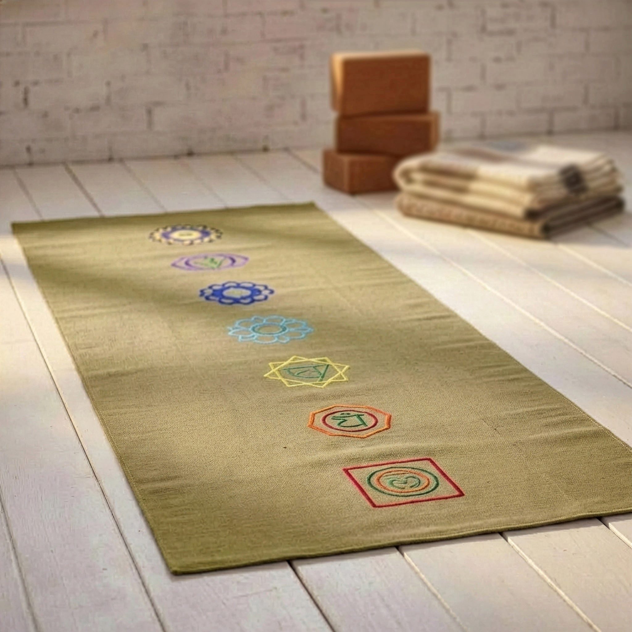 Yogishop Teppich Yogateppich cotton rug - chakra, rechteckig, Baumwoll-Yogateppich mit gestickten Chakra-Symbolen