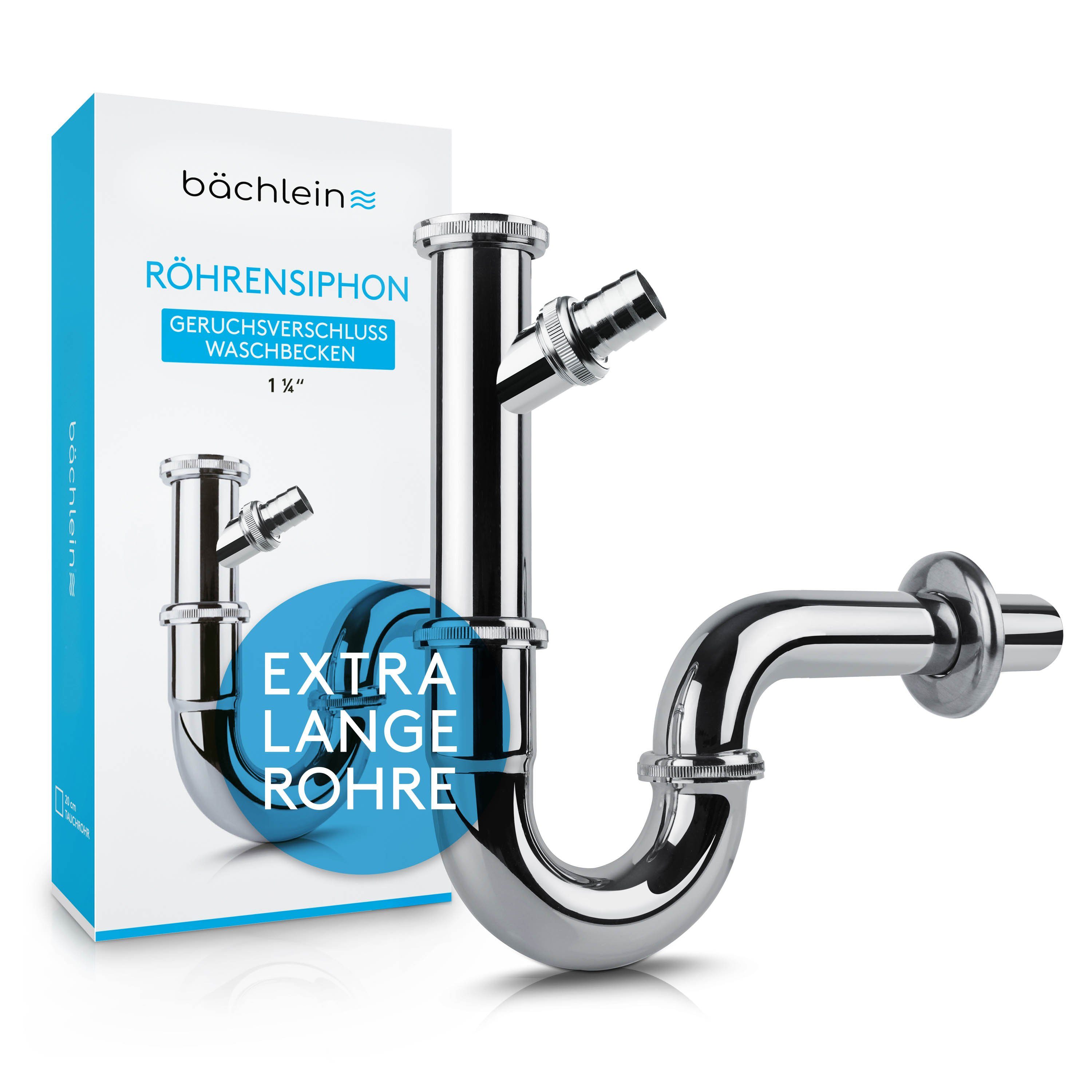 Bächlein Siphon Universaler Röhrensiphon, (flexibler Waschbeckenablauf mit Geräteanschluss), Einfache Montage - Hochwertiger Chrom-Ablauf