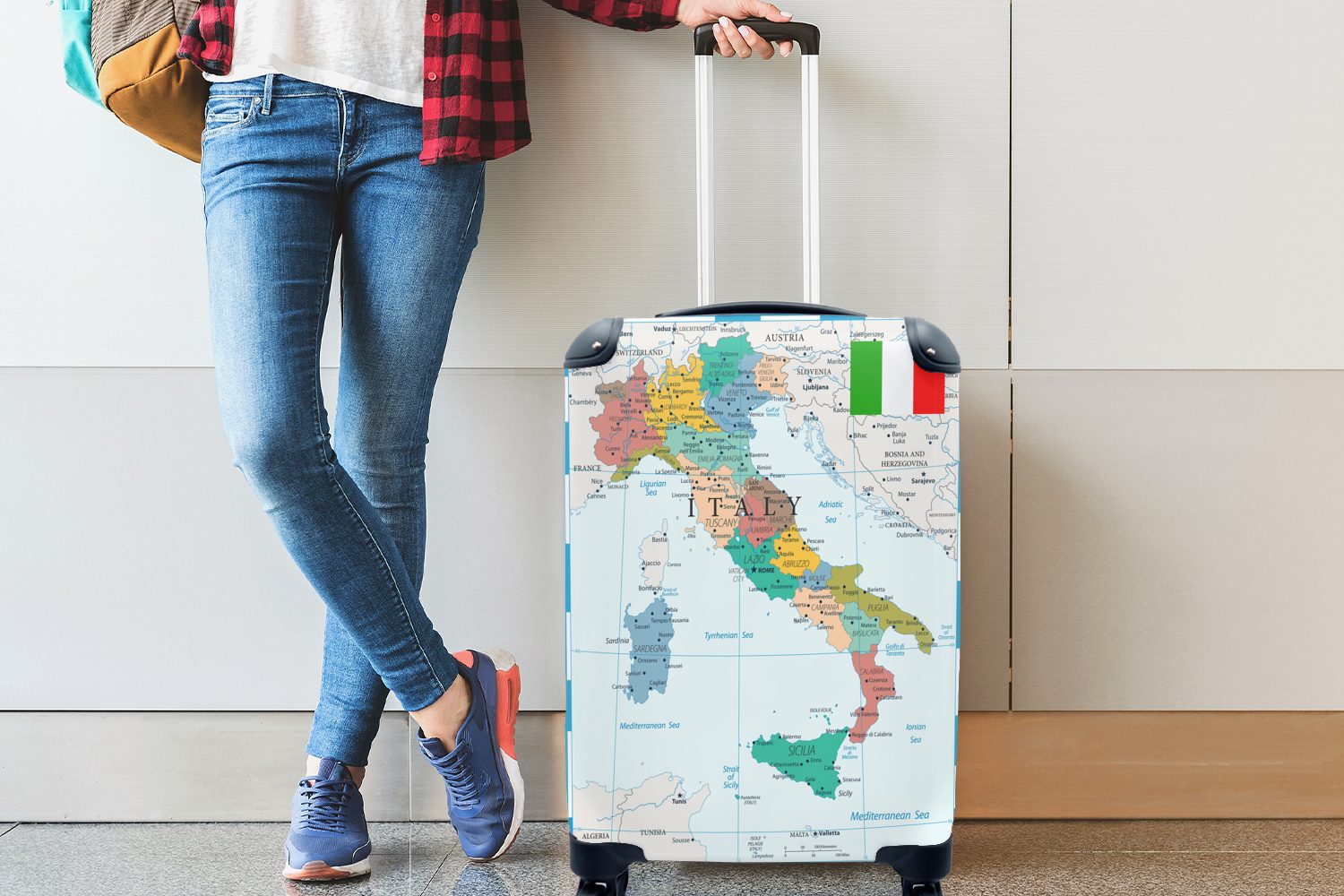 MuchoWow Handgepäckkoffer Karte - Italien - Reisekoffer rollen, Ferien, Reisetasche 4 Rollen, Trolley, für mit Städte, Handgepäck