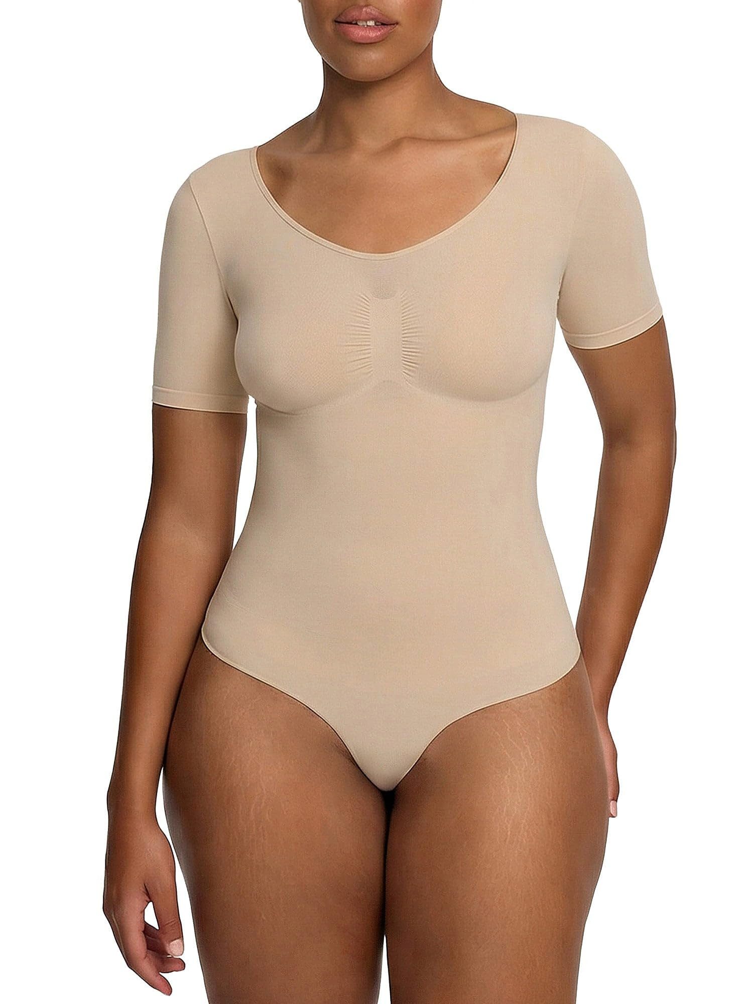 cfab (creamy fabrics) Miederbody T-Shirt Bodysuit Sculpting Shapewear mit Slip-Beige-L (1-tlg) Figurformend