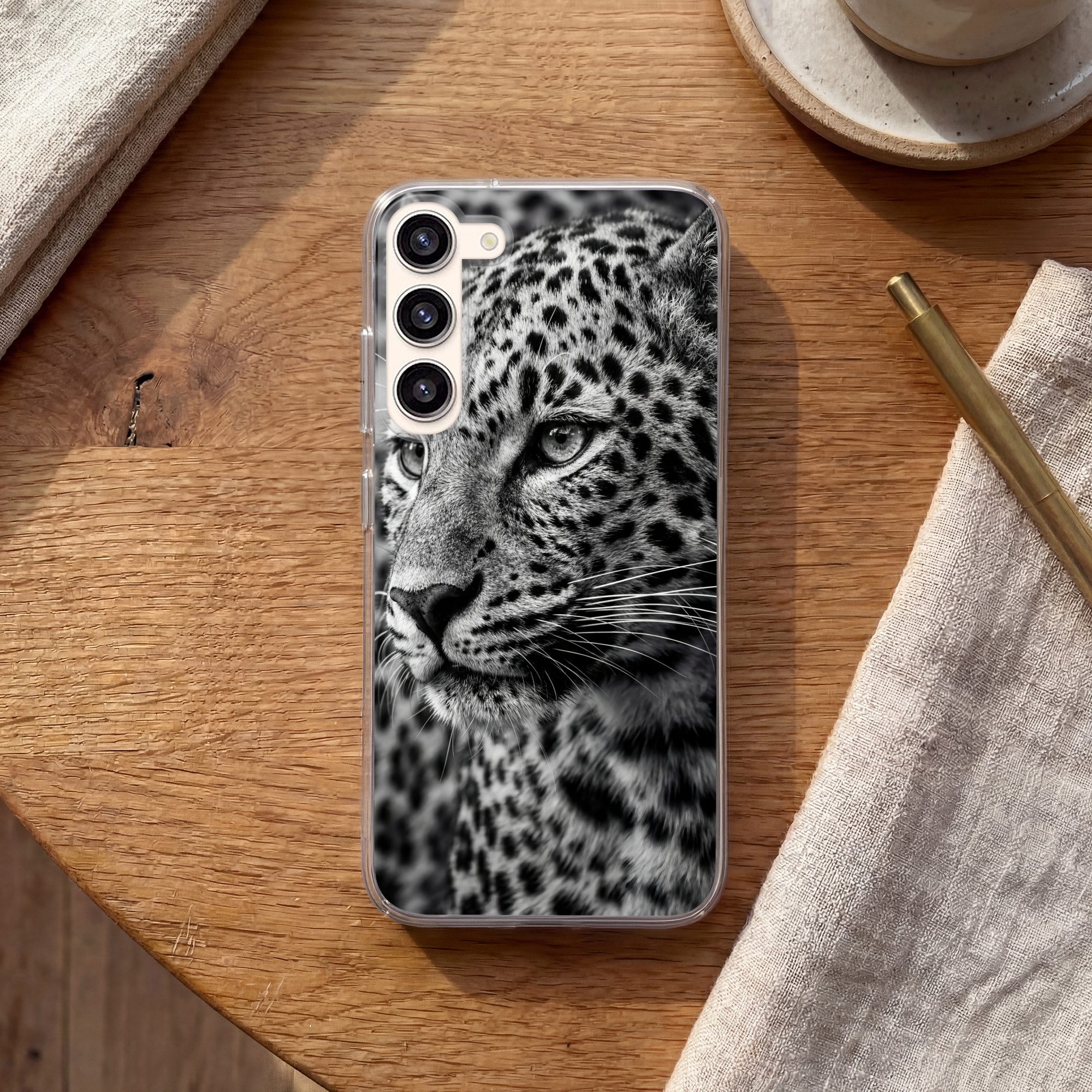 MuchoWow Handyhülle für Samsung Galaxy S23 Plus Leopard - Schwarz - Weiß - Auge, Phone Case, Silikon, Schutzhülle Dünn