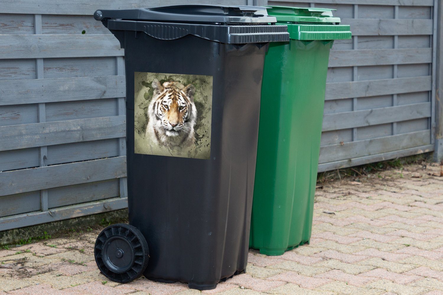 MuchoWow Wandsticker Tiger Abfalbehälter Mülleimer-aufkleber, Container, Aquarell (1 - Sticker, Grün St), Mülltonne, 