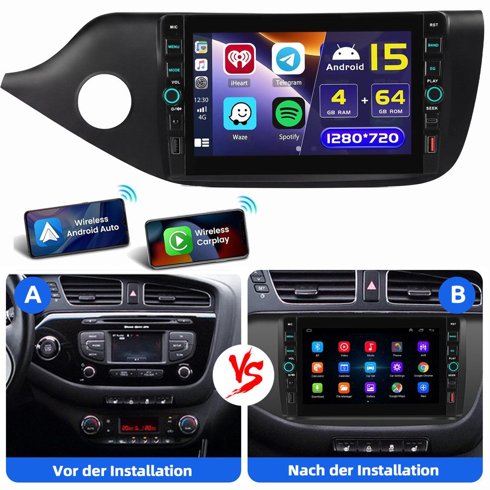 ESSGOO Für Kia Cee'd JD 2012-2016 Navi RDS Android 15 Carplay Autoradio (RDS, Digitalradio (DAB), FM, AM, Apple Carplay Android Auto GPS Navi WIFI BT)
