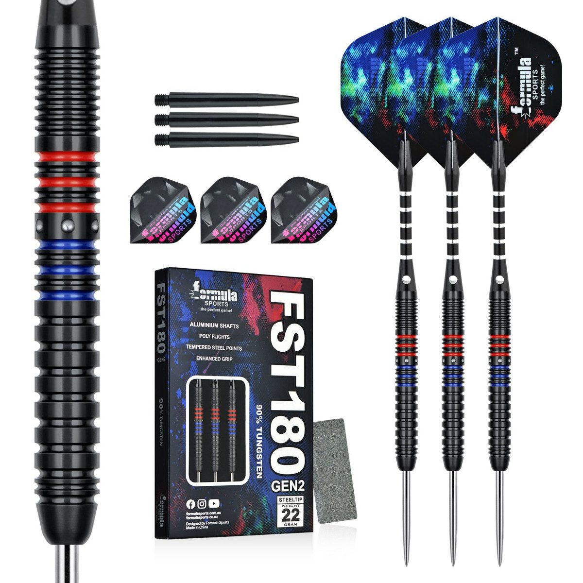 Dartpfeil FST180 Schwarzrot Gen2 Steeldart Set 22g mit Tungsten Barrels