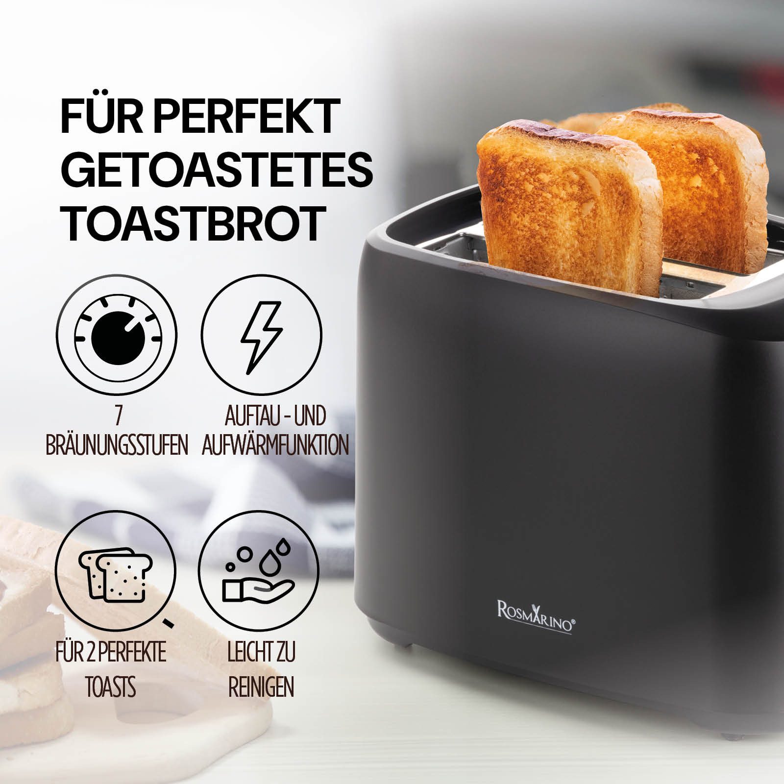 ROSMARINO Toaster Brotröster – 7 Röststufen, Aufwärmen, Auftauen, Schnellstopp, 700,00 W