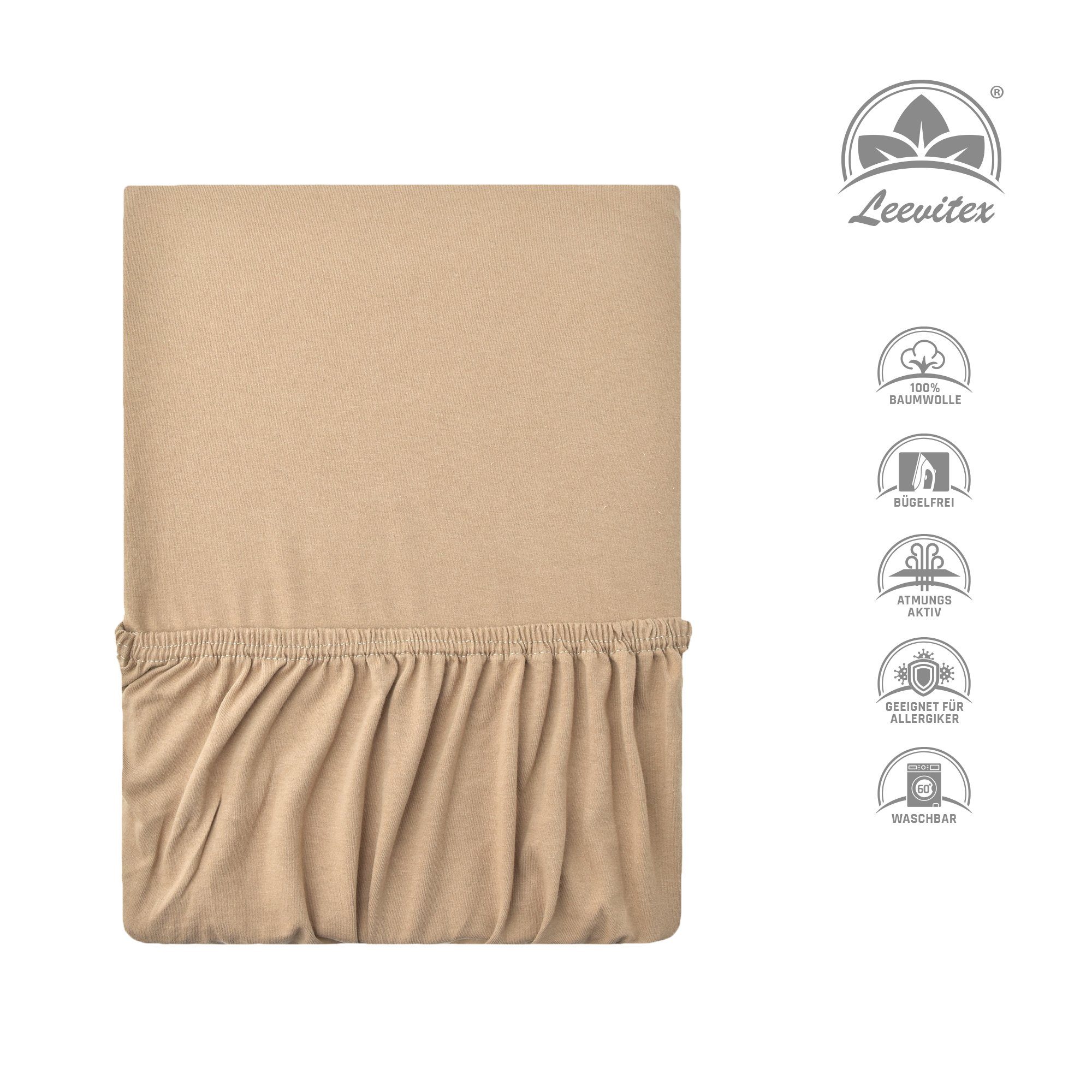 rundum, diverse / & Spannbettlaken Sand Baumwolle, Farben dehnbar, anschmiegsam Jersey, 100% Classic Beige Gummizug: leevitex®, und Größen