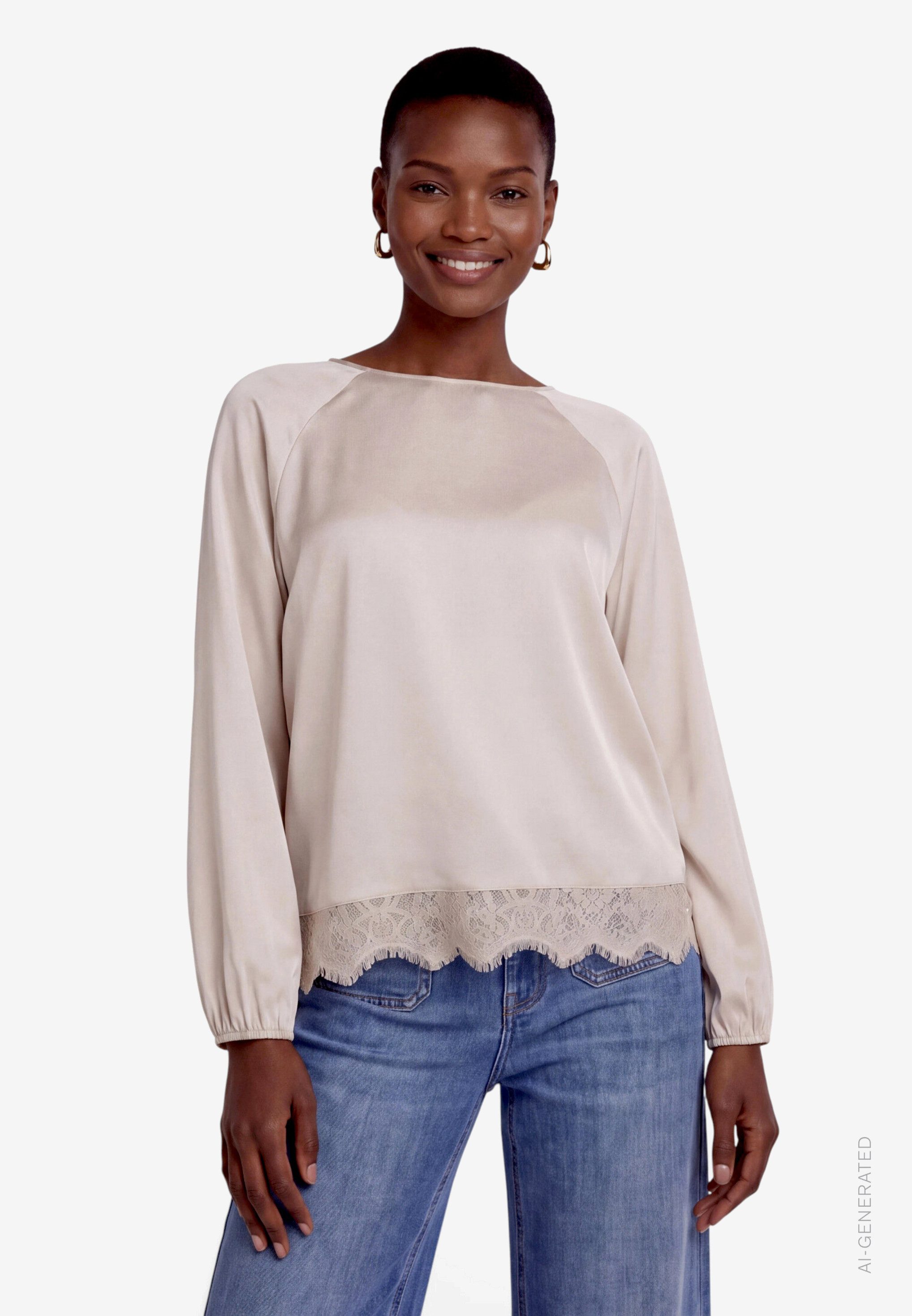 Zero Satinbluse Satin Langarmshirt mit Häkelkante am Saum