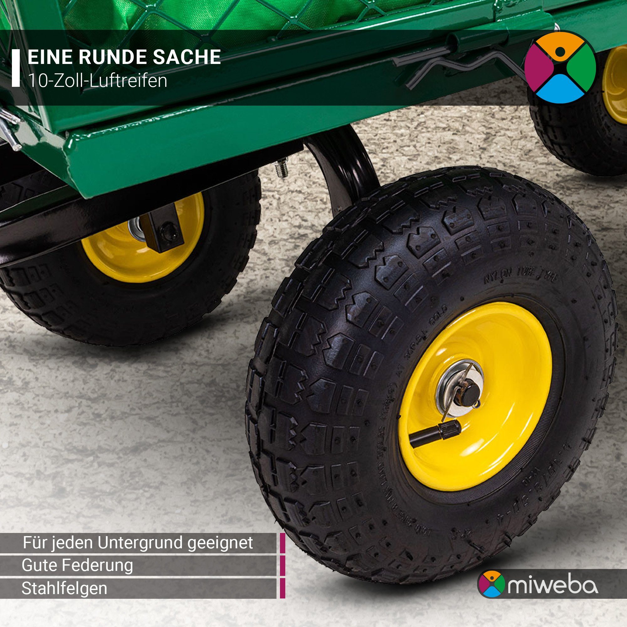 miweba Bollerwagen Gartenwagen Transportkarre MB-550 (deichselgeführte Lenkachse, Anhängerfunktion, Bordwände klapp- und abnehmbar, Luftreifen, 1-tlg., 550 KG Traglast - 190 L Volumen - Klappbare Wände - Kippbar), Transportwagen - Gartenkarre- Gartenwagen - Schubkarre