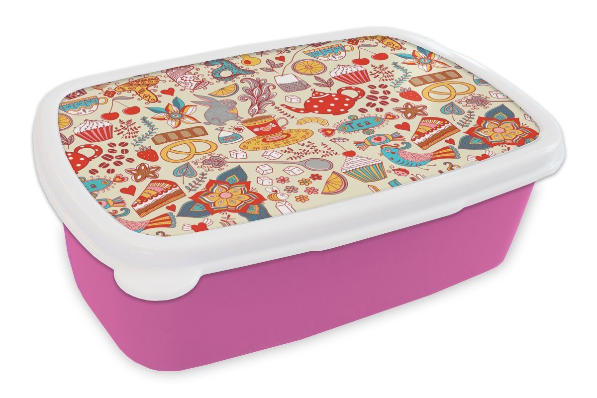 MuchoWow Lunchbox Tee - Tiere - Süßigkeiten - Regenbogen - Muster, Kunststoff, (2-tlg), Brotbox für Erwachsene, Brotdose Kinder, Snackbox, Mädchen, Kunststoff rosa | Lunchboxen