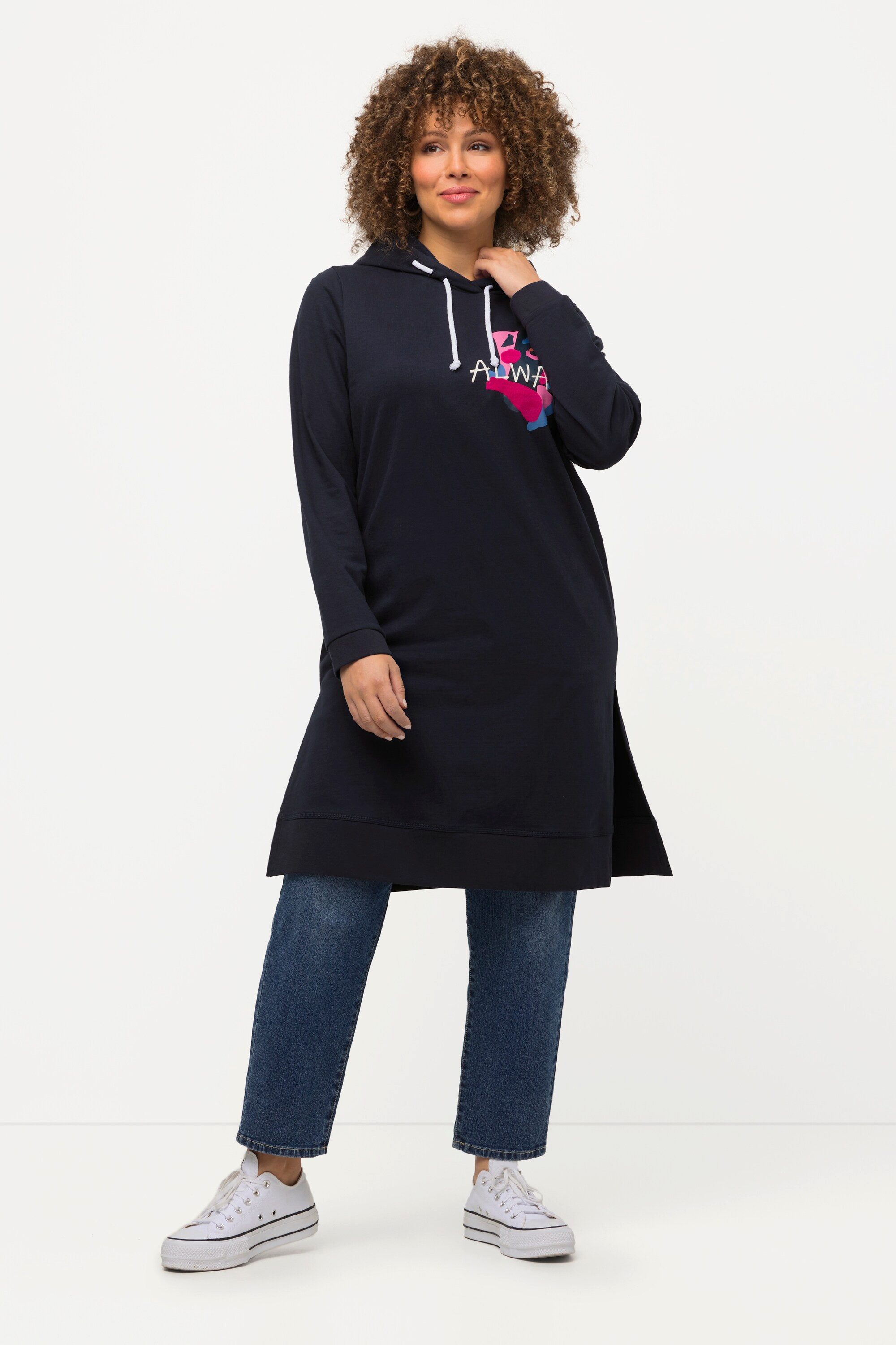 Ulla Popken Sweatshirt Long-Hoodie Schriftmotiv Seitenschlitze Langarm günstig online kaufen