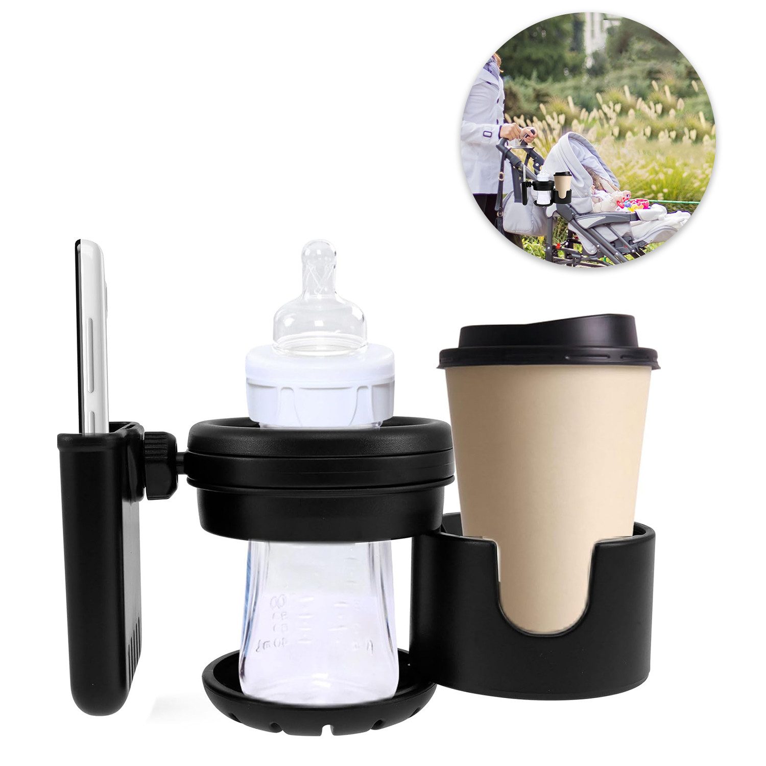 Refined Living Becherhalter 3-in-1Getränkehalter Kinderwagen mit Handyhalterung Kinderwagenaufsatz, (360°Drehung Universal Becherhalter Kinderwagen Neugeborene Geschenke, 1-St., Abnehmbarer Flaschenhalter für Flaschen, Kaffeetassen, Smartphones), für Fahrrad, Kinderwagen, Rollstuhl, Gehhilfe, passend, Roller