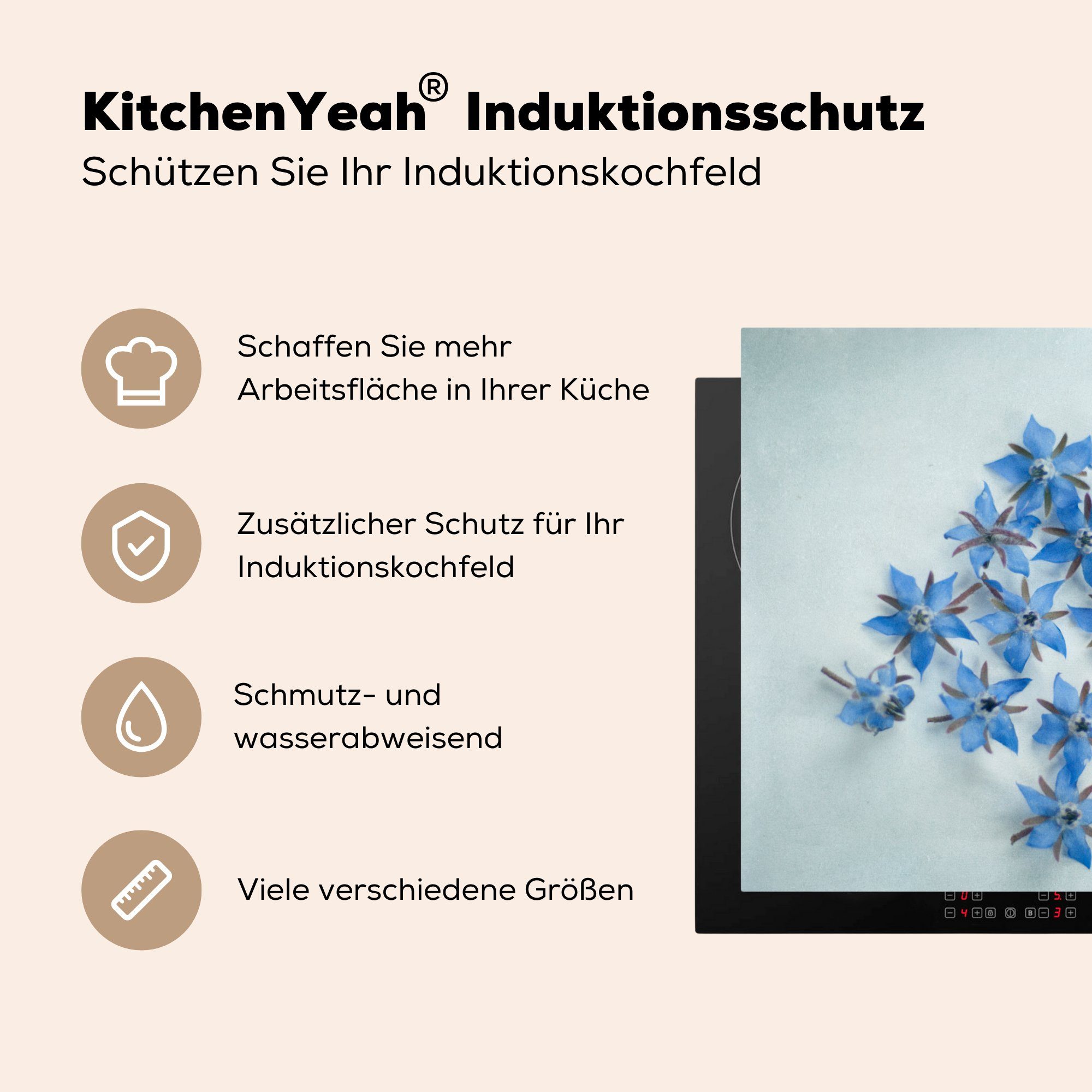 Herdblende-/Abdeckplatte Borretschblüten 78x78 tlg), cm, Blaue auf küche Hintergrund, Ceranfeldabdeckung, für Arbeitsplatte (1 MuchoWow hellblauem Vinyl,