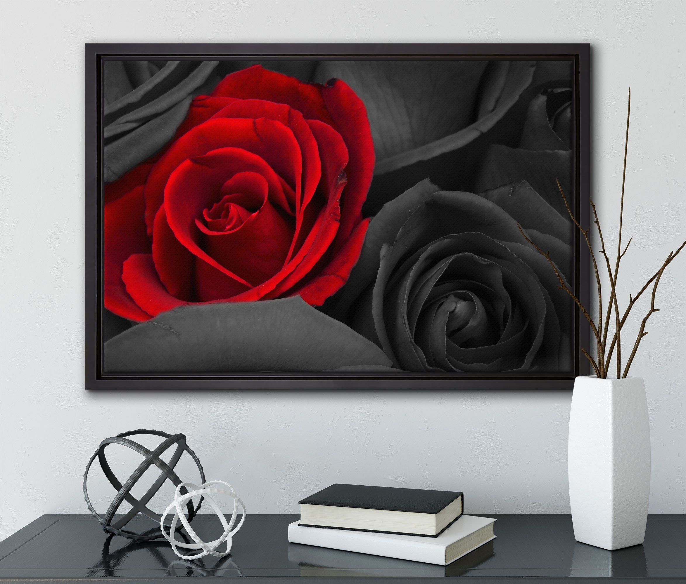 Pixxprint Leinwandbild romantische rote Zackenaufhänger Rosen, einem fertig gefasst, St), Wanddekoration bespannt, Schattenfugen-Bilderrahmen (1 Leinwandbild inkl. in