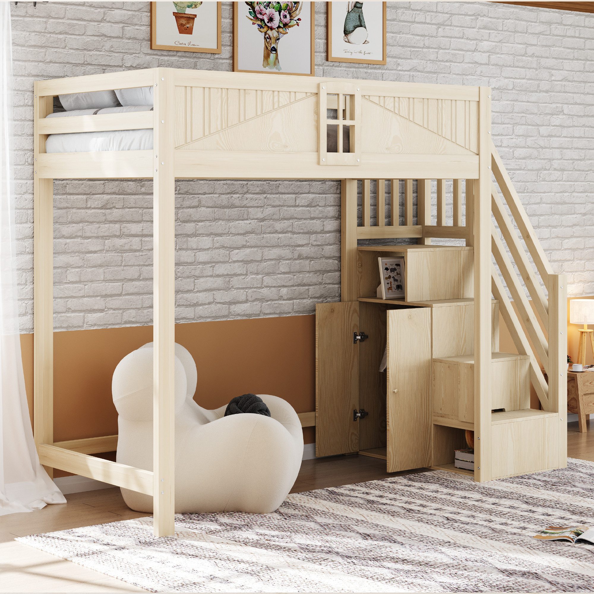 Odikalo Hochbett Massivholz-Jugendbett Mit Einzigartigem Sicherheitsgitter Mit Fenster (Beidseitig Austauschbarer Aufbewahrungsleiter Multifunktionsbett 90×200 140×200)