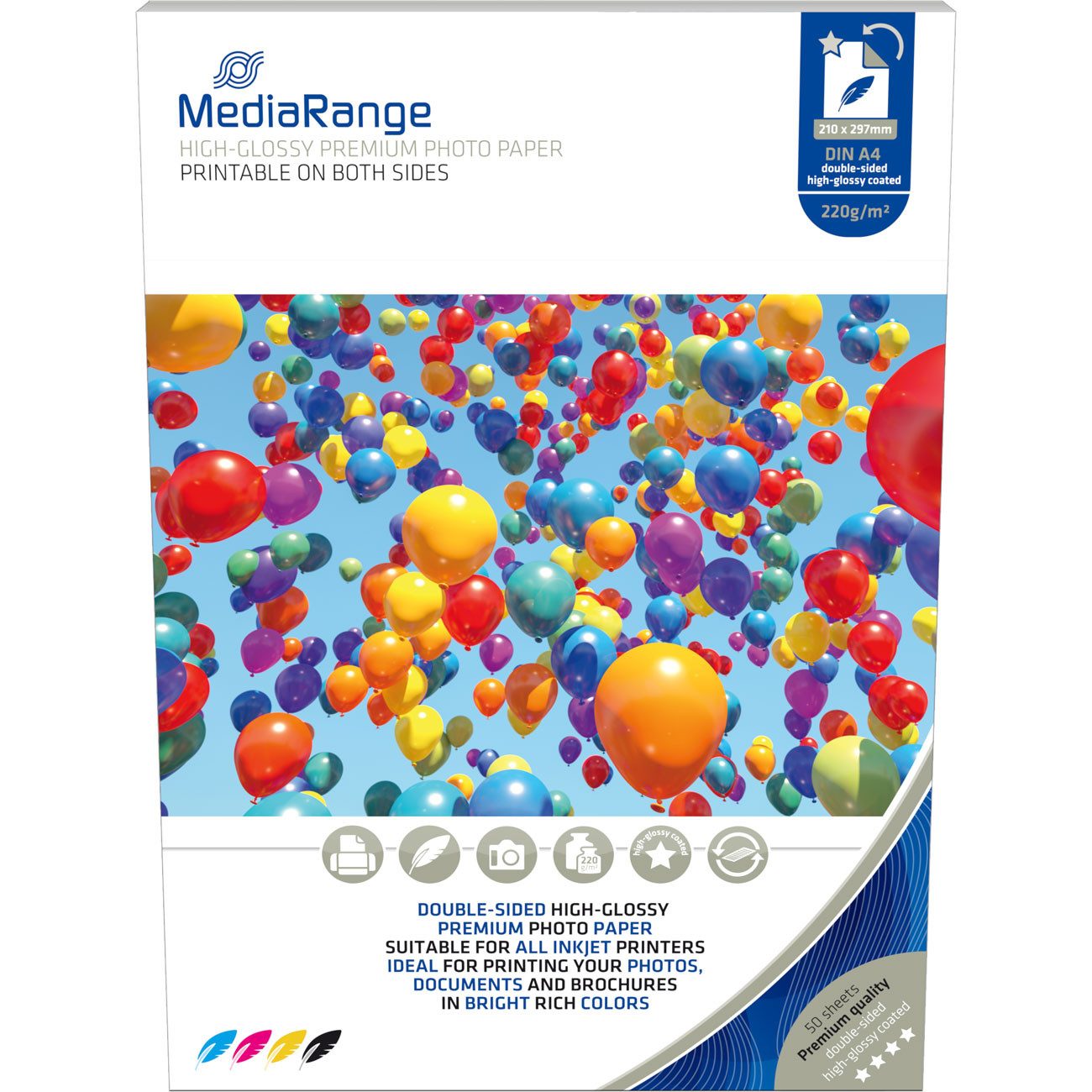 Mediarange Fotopapier Fotopapier A4 Doppelseitig 220g Hochglanz 50 Blatt Tintenstrahldrucker, Doppelseitig bedruckbar/ideal für Inkjet/220 g/m²