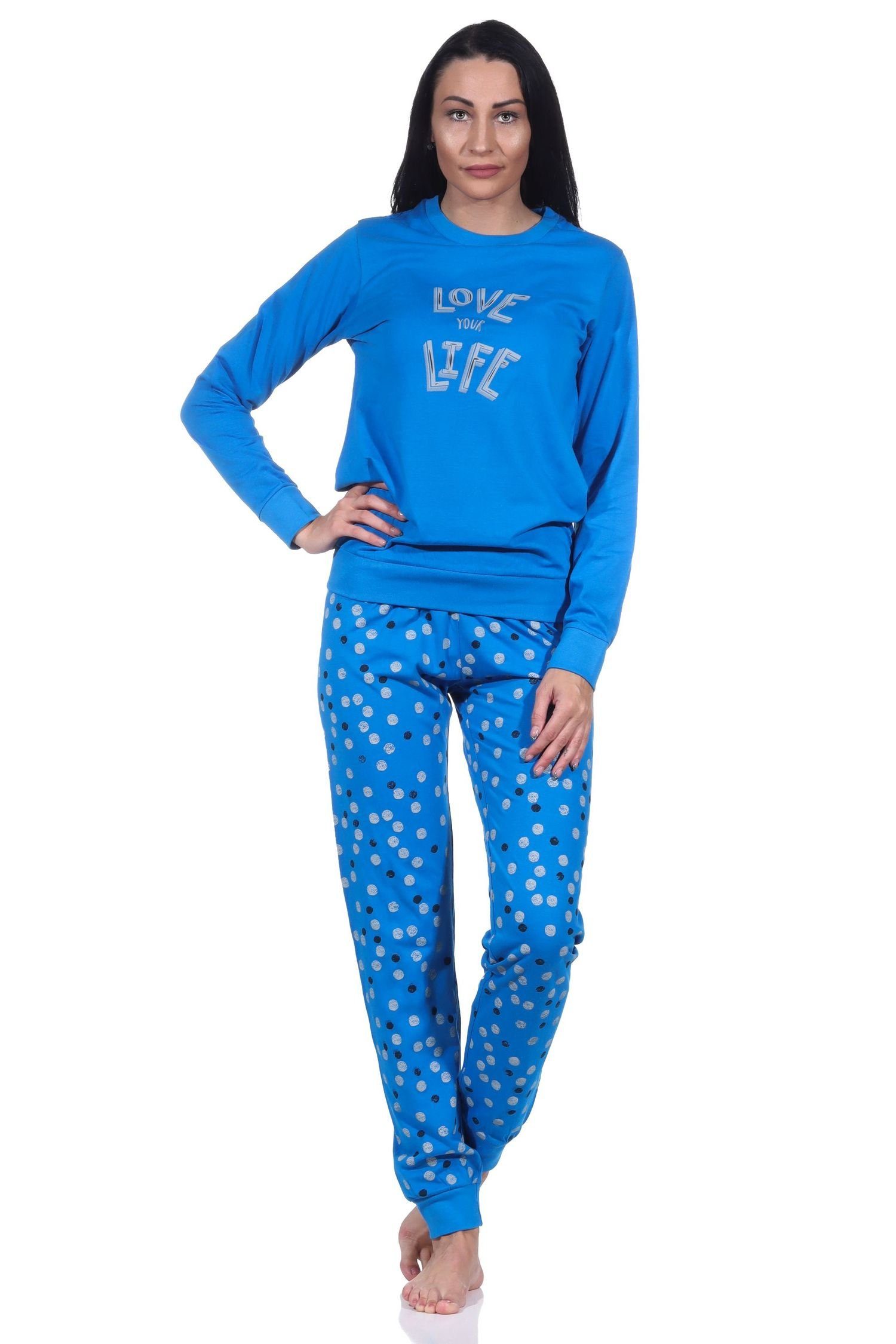 Normann Pyjama Normann Damen langarm Schlafanzug mit Bündchen in Herz Punkte Optik blau