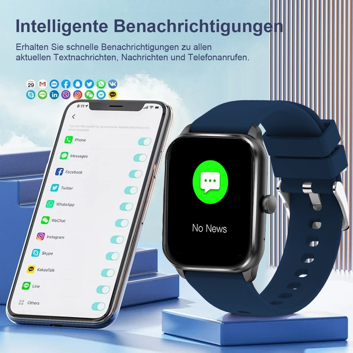 ANYSUN Smartwatch Herren Damen, mit Telefonfunktion Smartwatch (1,85 Zoll, TFT-Volltouch) 110+ Sportmodi Sportuhr mit Schrittzähler/Herzfrequenzmonitor, /Schlafmonitor, IP68 Wasserdicht Fitnessuhr für iOS Android