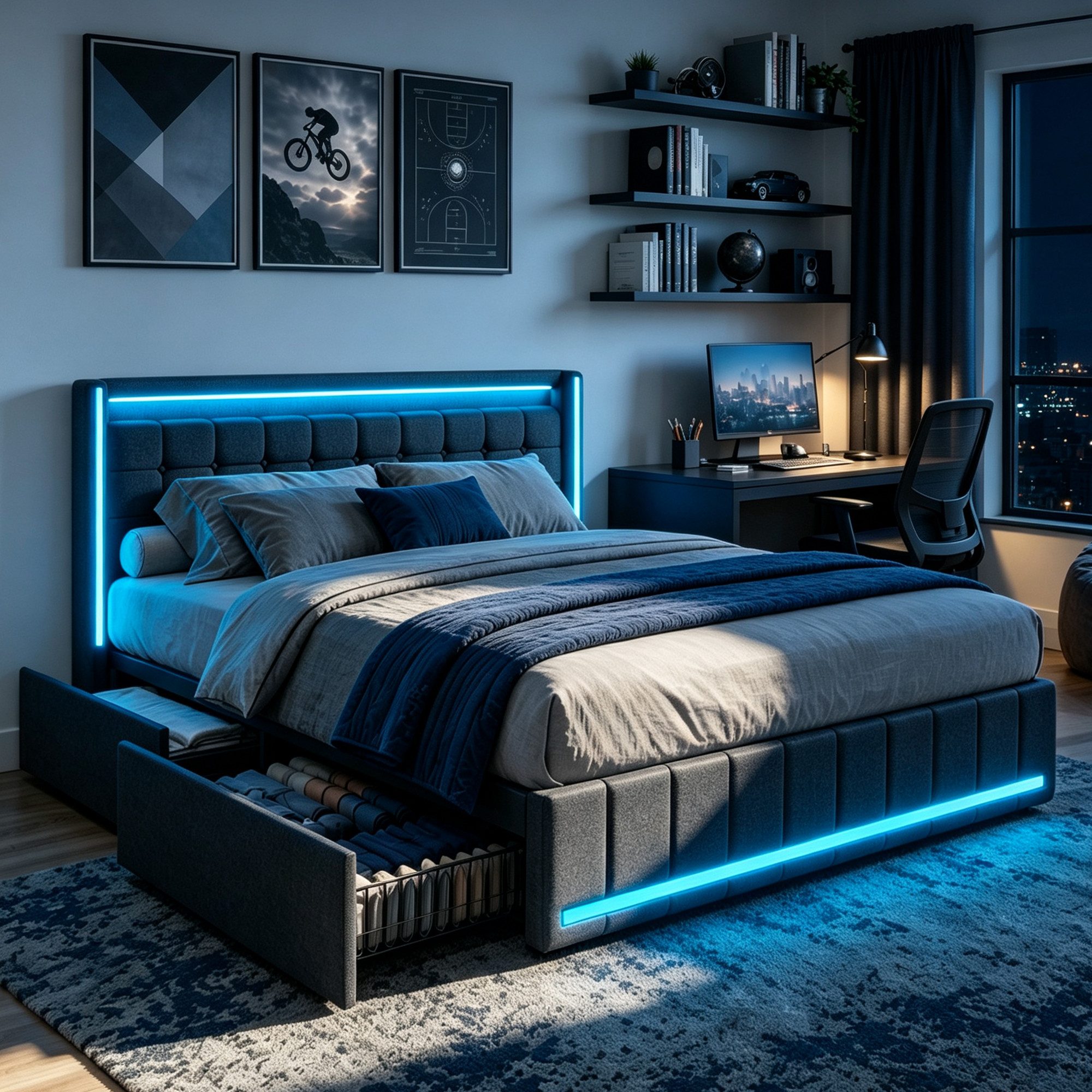 Simurq Polsterbett Doppelbett mit LED Beleuchtung und Ladefunktion,Stauraumbett 140x200 (Packung, 1-tlg., Bettgestell mit Lattenrost,Bett mit Stauraum), Jugendbett 4 Schubladen,Gepolstertes Kopfteil mit Stauraum,Leinen