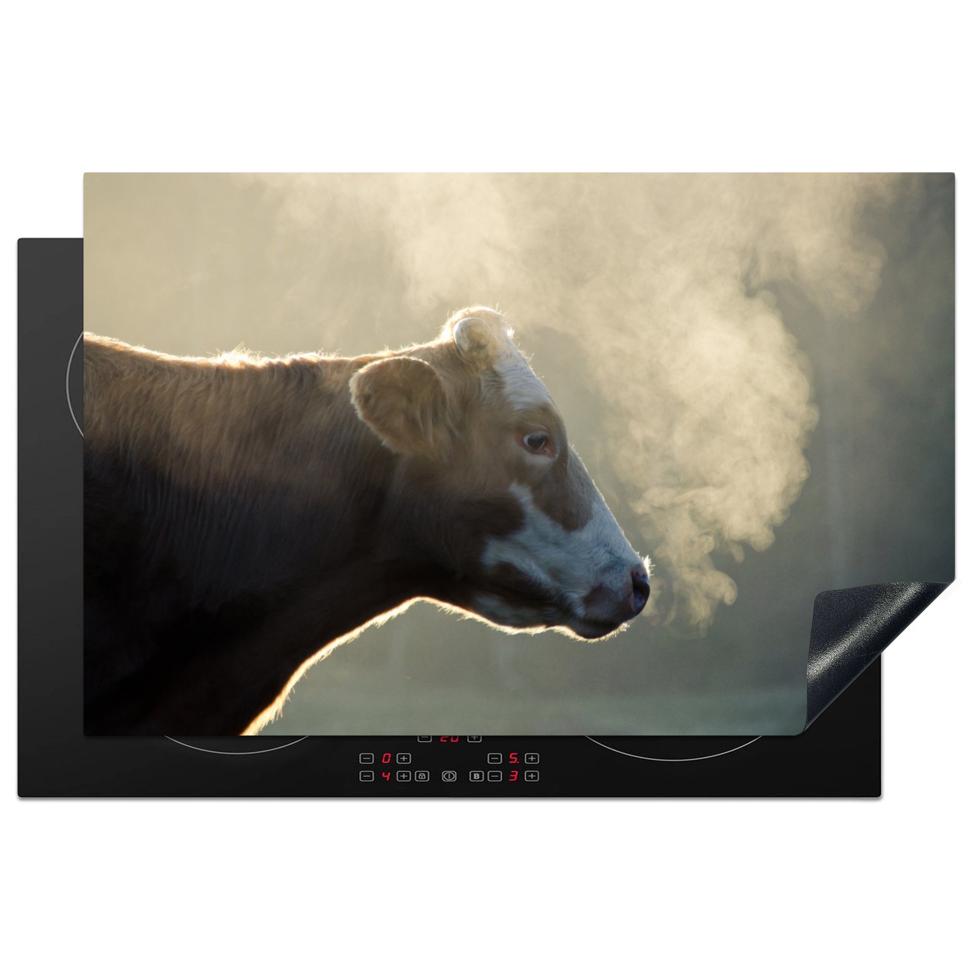 MuchoWow Herdblende-/Abdeckplatte Kuh - Nebel - Sonne, Vinyl, (1 tlg), 81x52 cm, Induktionskochfeld Schutz für die küche, Ceranfeldabdeckung