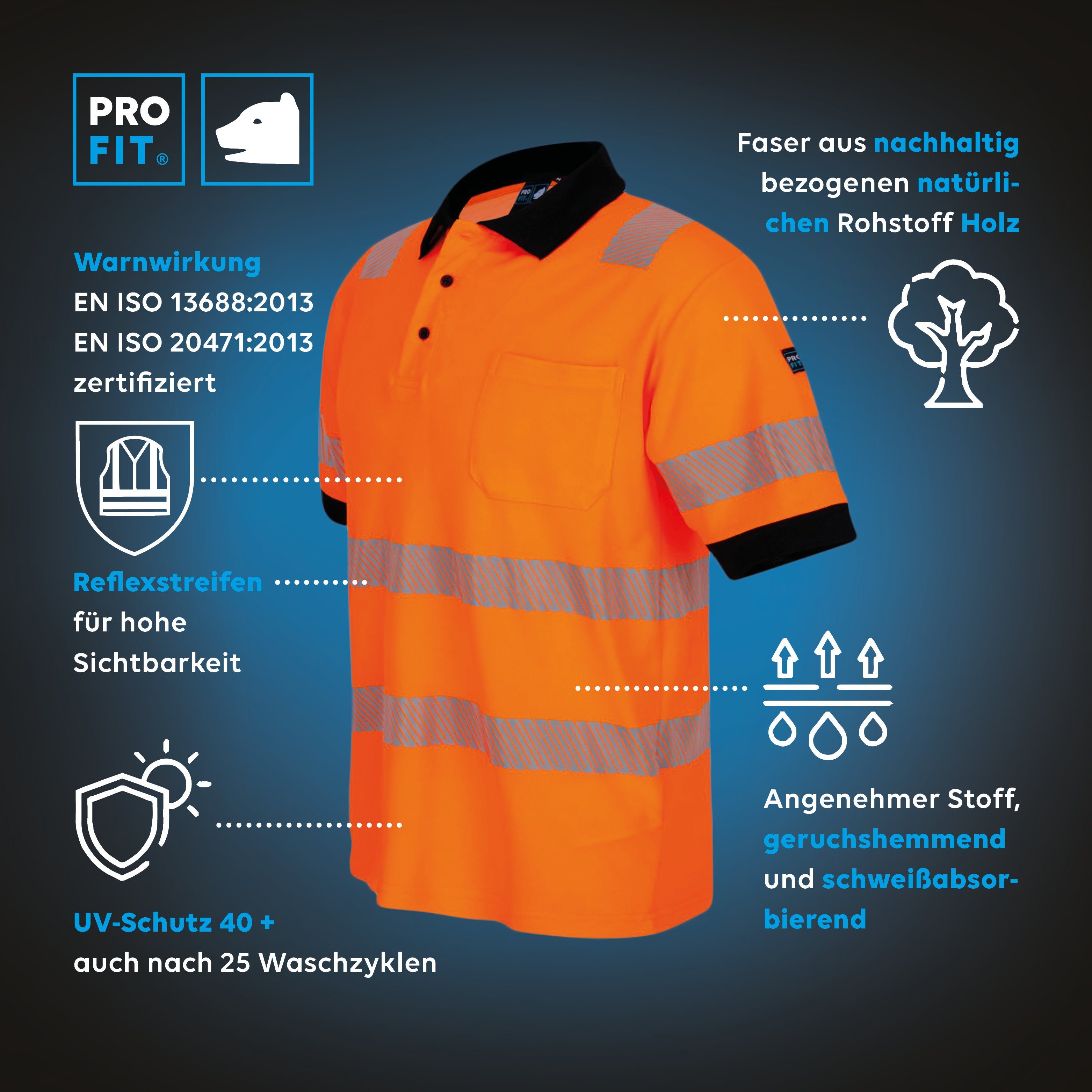 PRO FIT Poloshirt Warnschutz, Kurzarm-Polo Shirt, Arbeits-Poloshirt - Neonorange (1, Stück) Atmungsaktiv, hohe Sichtbarkeit durch Reflexstreifen, mit UV-Schutz