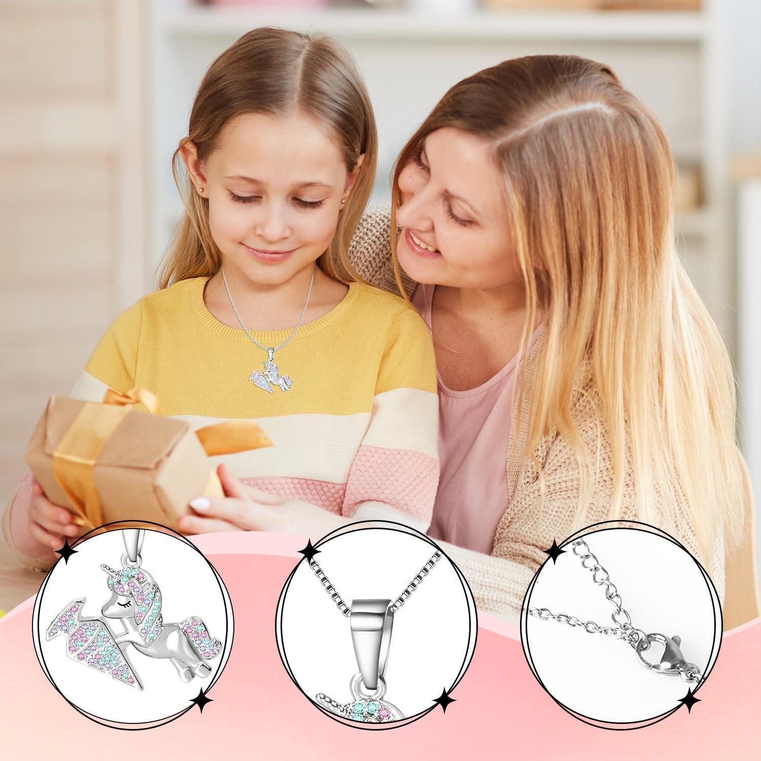 LuxusKollektion Kette und Anhänger Set Halskette Einschulung Mädchen 2025 Schutzengel Einhorn Silber