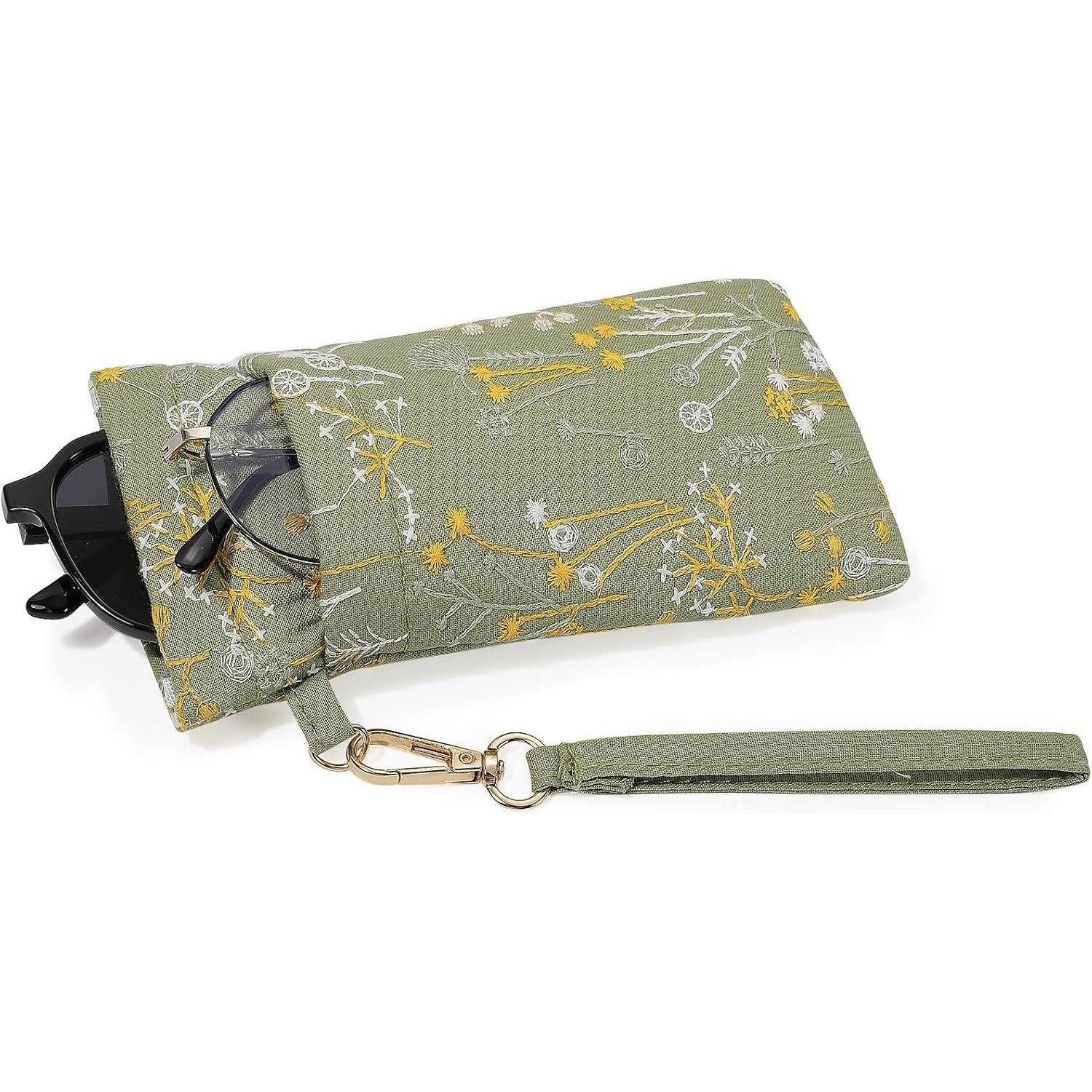LuxusKollektion Brillenetui Brillenetui Handschlaufe Damen Herren Grün & Blumen in Lederoptik
