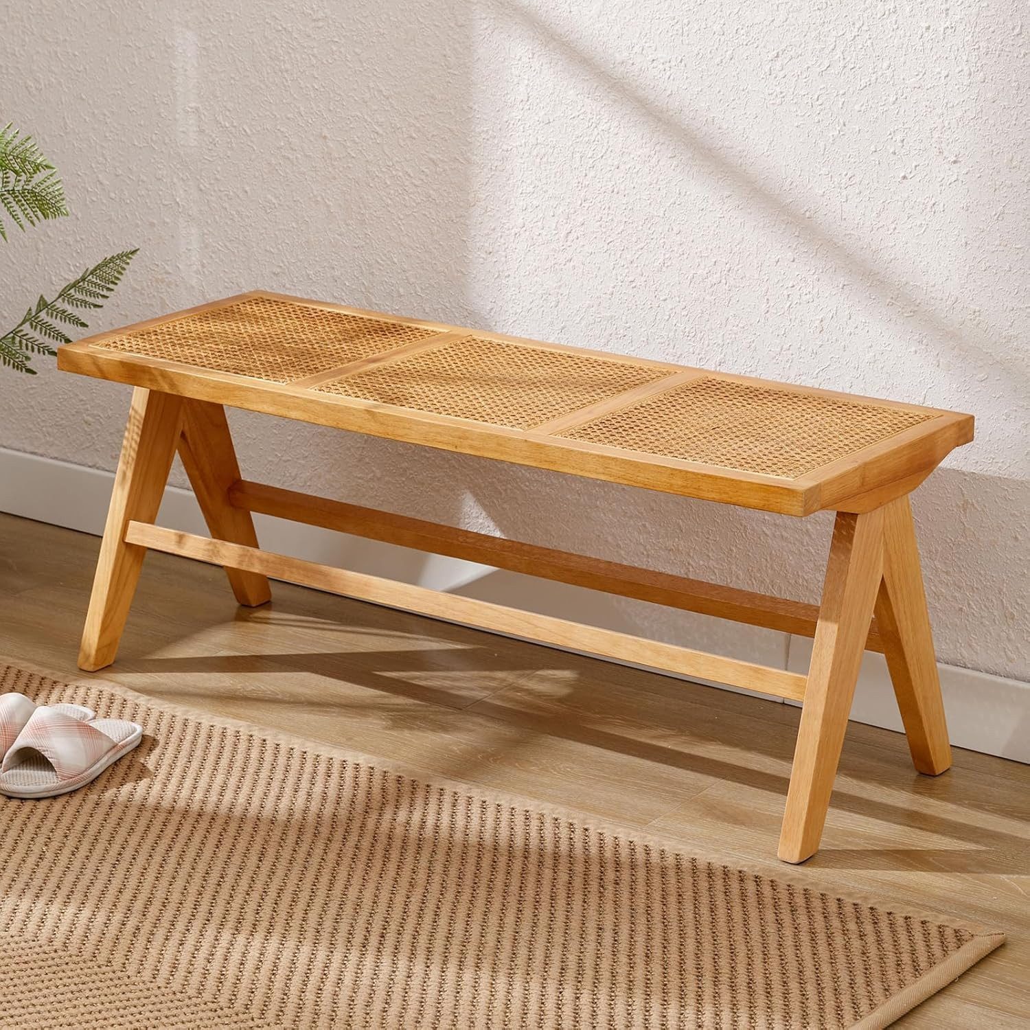 CHAIRUS Sitzbank Rattan Holz Esszimmerbank Eingangsbank, 115x42x47cm (1-St), mit Massivholzbeinen für Esszimmer, Balkon oder Flur
