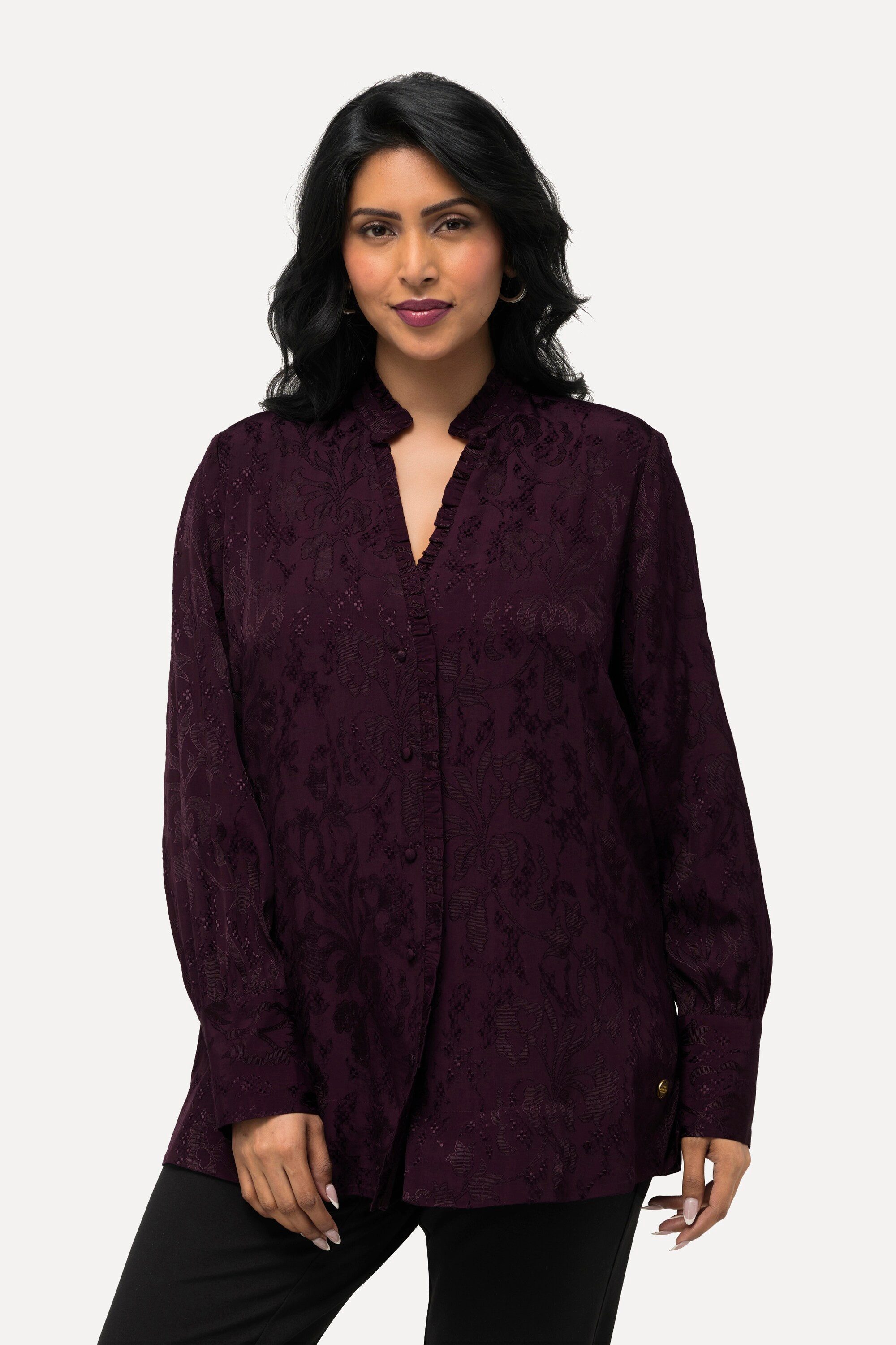 Satinbluse Bluse Jacquard Rüschen V-Ausschnitt Langarm