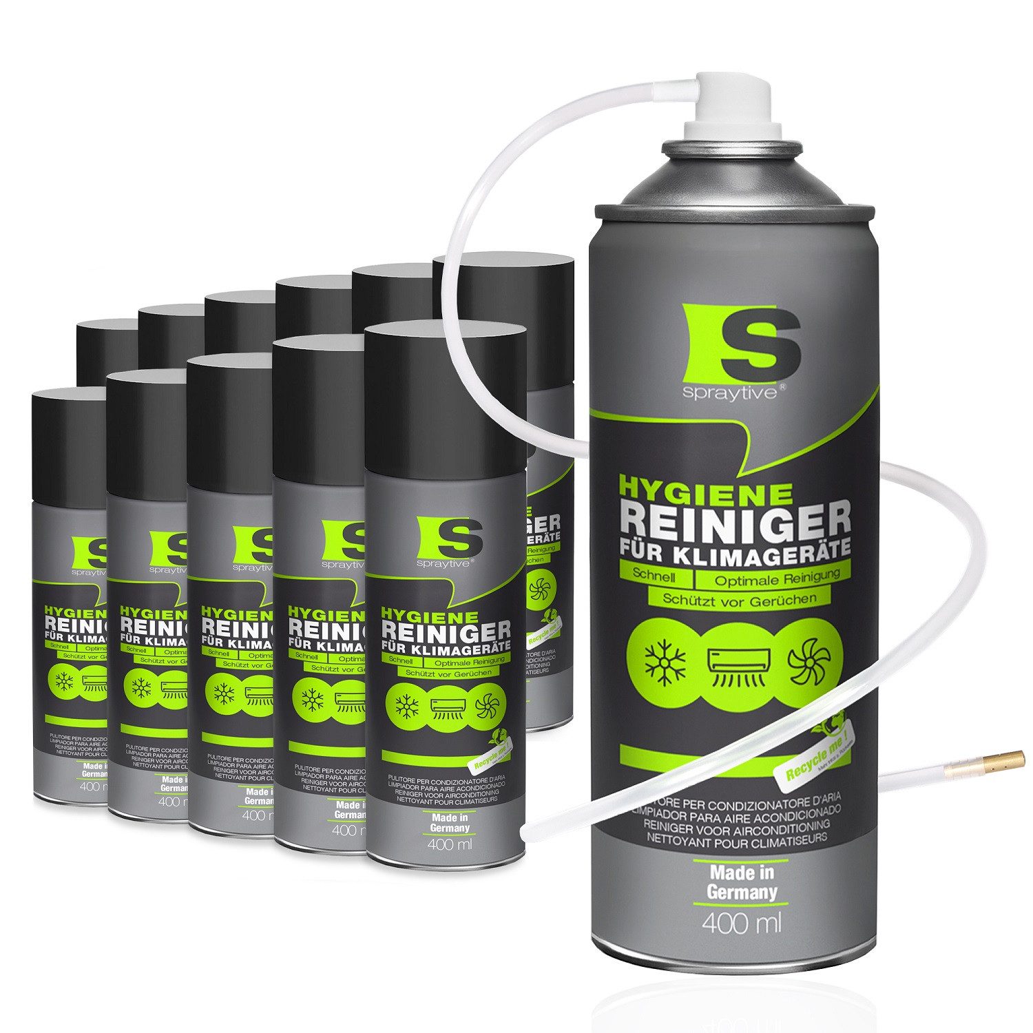 Spraytive 12x 400ml Klimageräte Reiniger - Klimaanlagenreiniger für Auto & Haus Oberflächen-Desinfektionsmittel (Made in Germany)