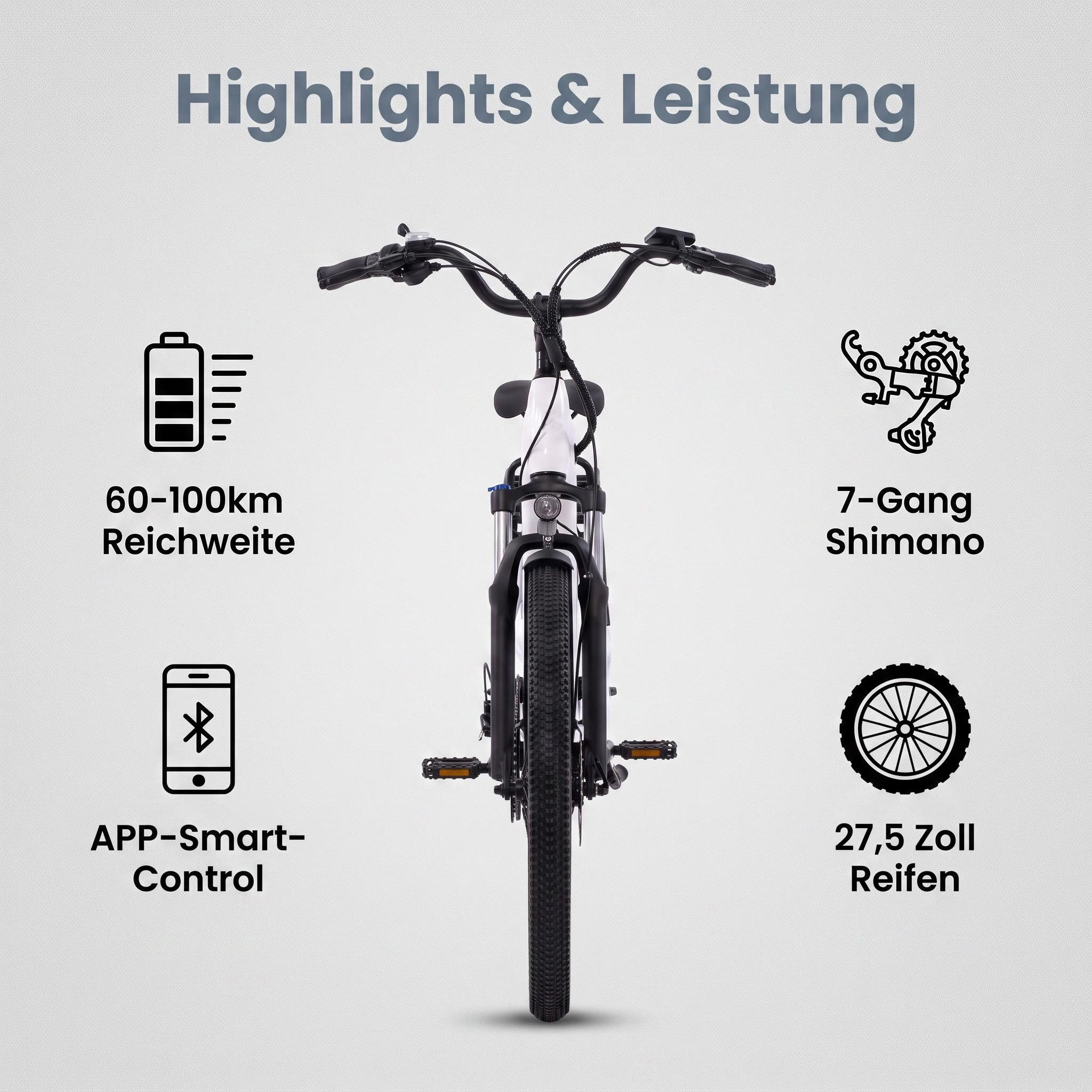 EVERCROSS TECH E-Bike EK25 für Erwachsene, 250W, 36V 13Ah Akku, 60-100km Reichweite, 7 Gang, Heckmotor, 468 Wh, 7-Gang Shimano, App Bluetooth Steuerung, mit Gepäckträger