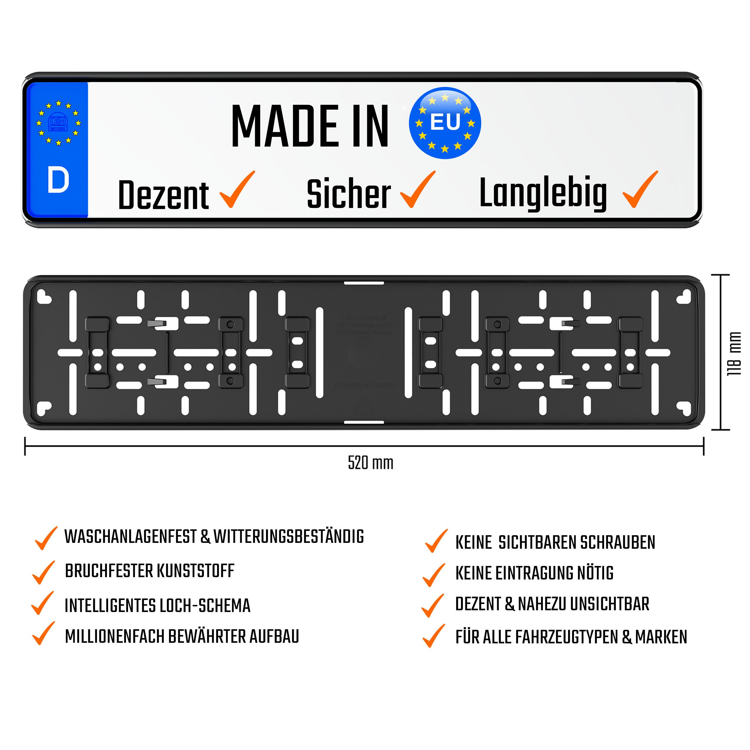 L & P Car Design Kennzeichenhalter für Auto rahmenlos ohne sichtbare Befestigungpunkte Schwarz, (1-St)