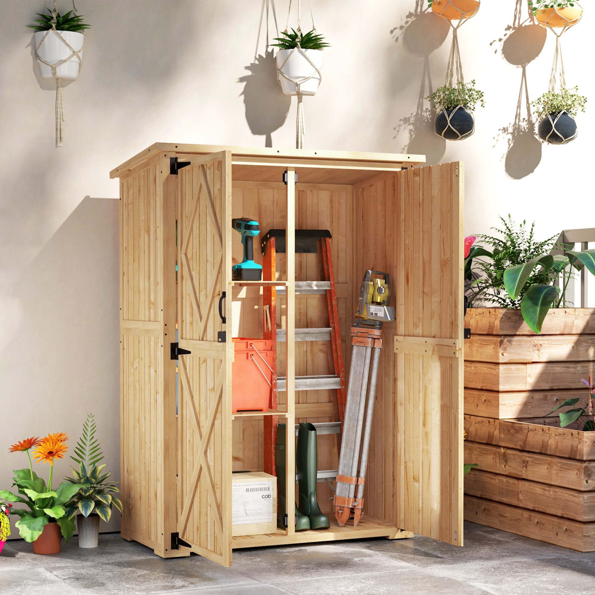 Outsunny Gerätehaus mit abschließbar Doppeltür, Asphalt-Dach, Ablage, BxT: 116.5x57 cm, (Gartenlagerschuppen, 1 St., Holzschuppen), 116,5 x 57 x 167cm, für Garten, Terrasse, Naturholz