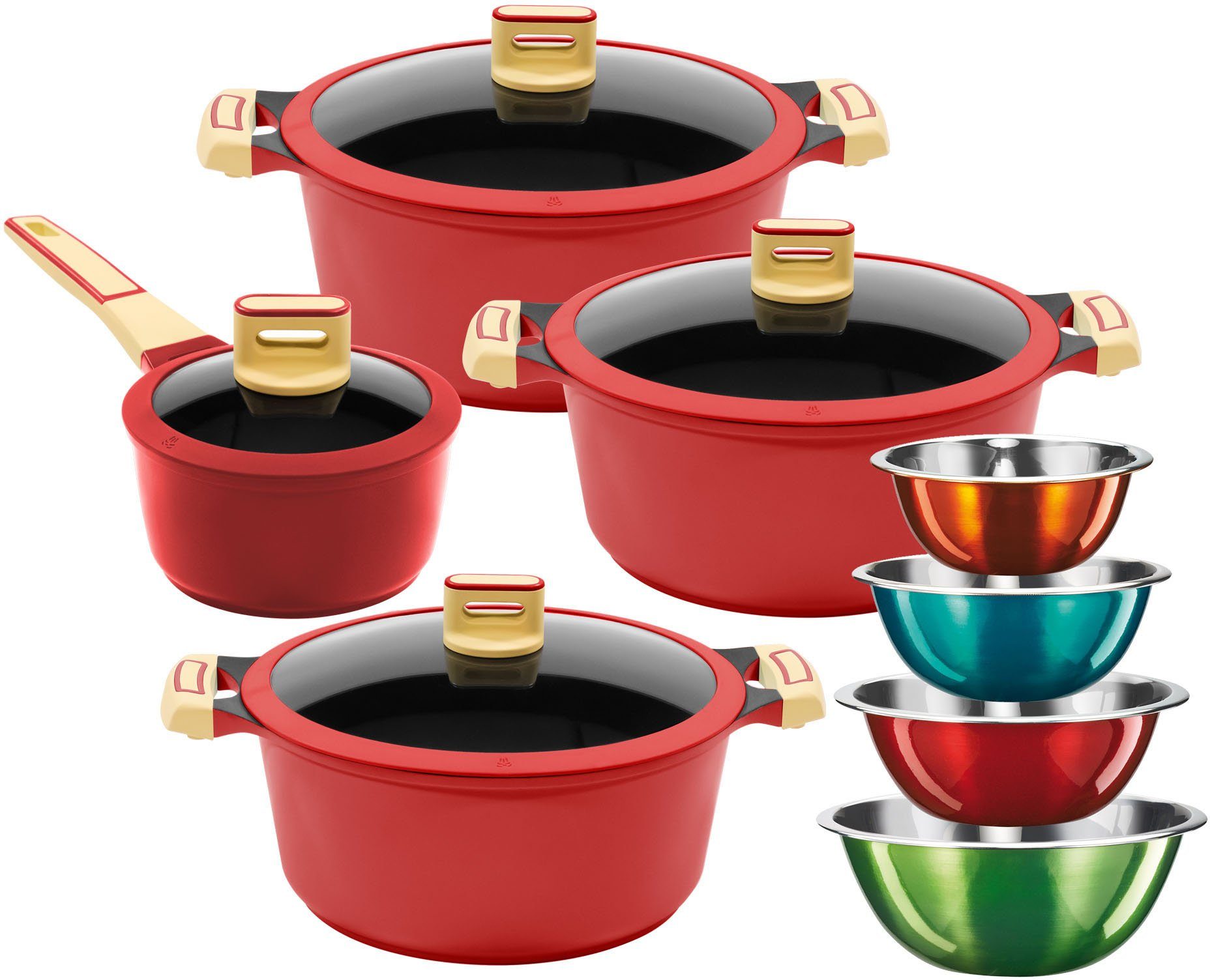 KING Topf-Set GOURMET, Aluminiumguss (Set, 12-tlg., je 1 Kochtopf 16/20/24 cm, 1 Stieltopf 18 cm, 4 Schüsseln), Antihaft-Beschichtung, Induktion