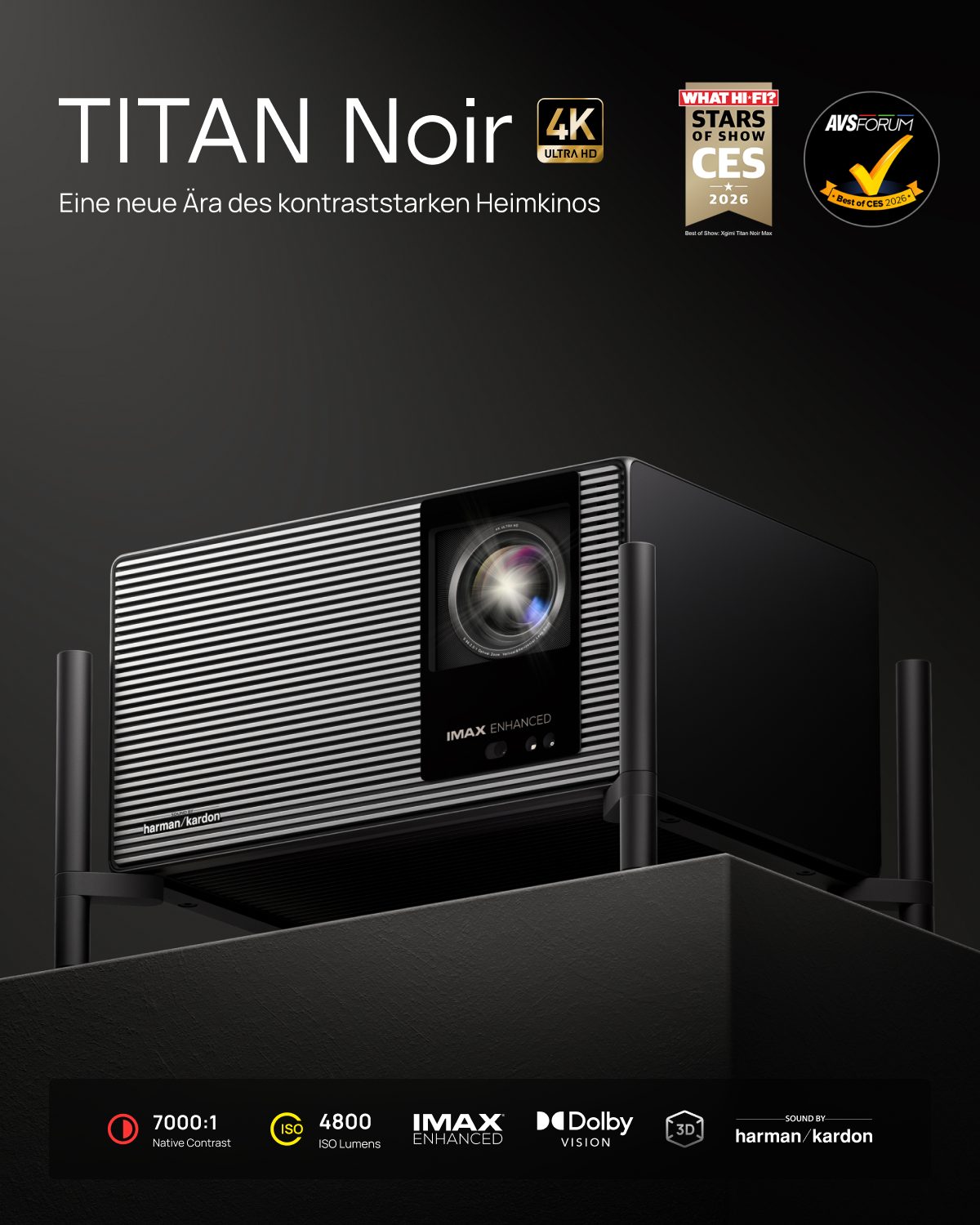 XGIMI XGIMI TITAN Noir 4K Heimkino Beamer, RGB Triple Laser, 4800 ISO-Lumen DLP-Beamer (7000:1 Nativer Kontrast, 3840*2160 (2160P/4K) px, Großer Lens Shift, Optischer Zoom, IMAX Enhanced)