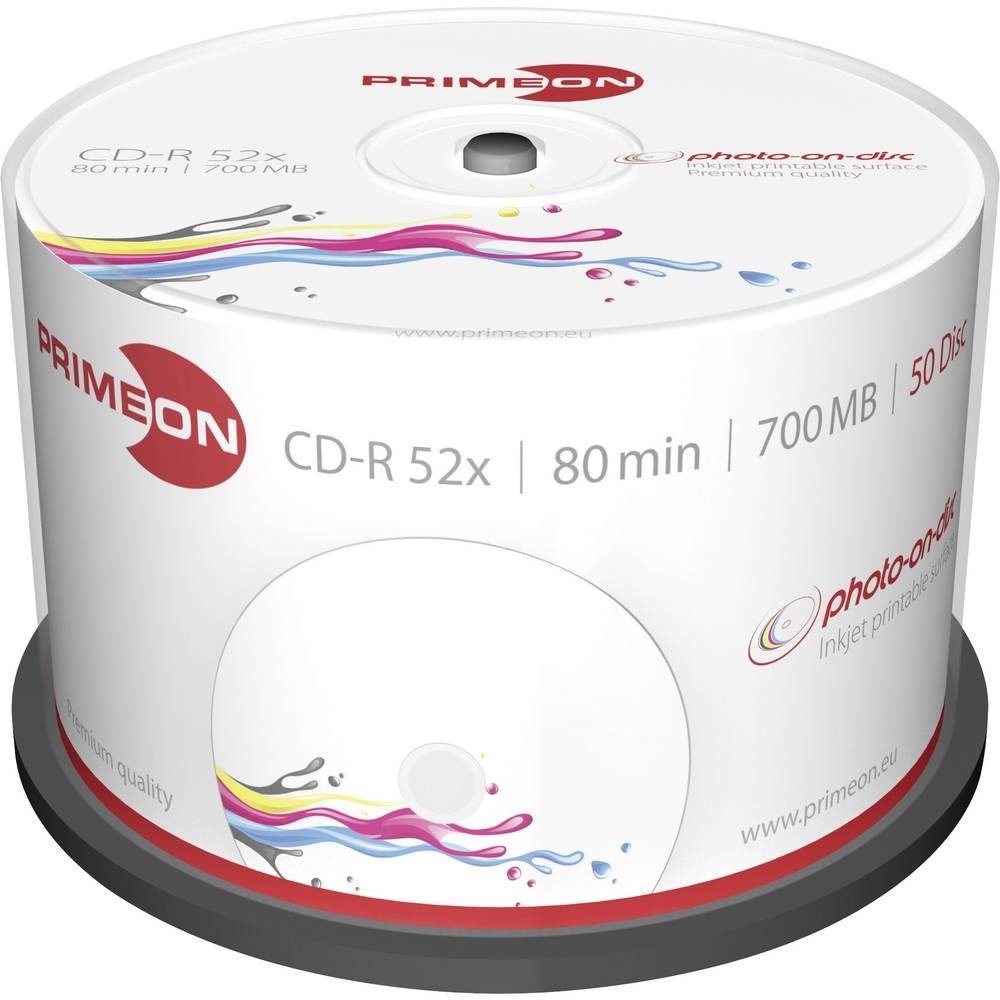PRIMEON CD-Rohling CD-R 700MB 52x Photo-on-Disc 50er Cakebox 2761105, Bedruckbar
