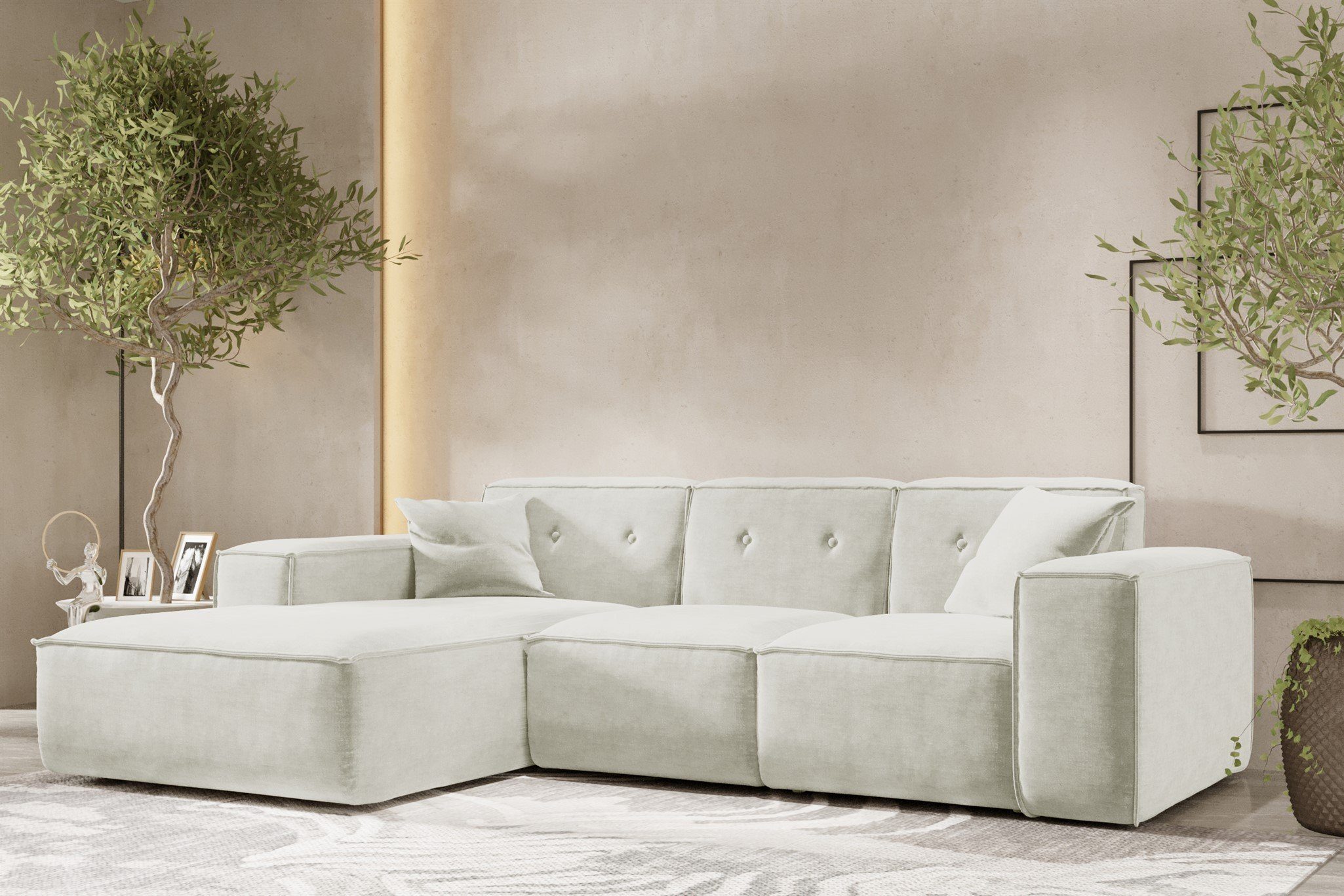 Fun Möbel Ecksofa Designersofa Stoff, Rundumbezug CESINA inkl. Zierkissen, in oder 2 mane Rechts Links