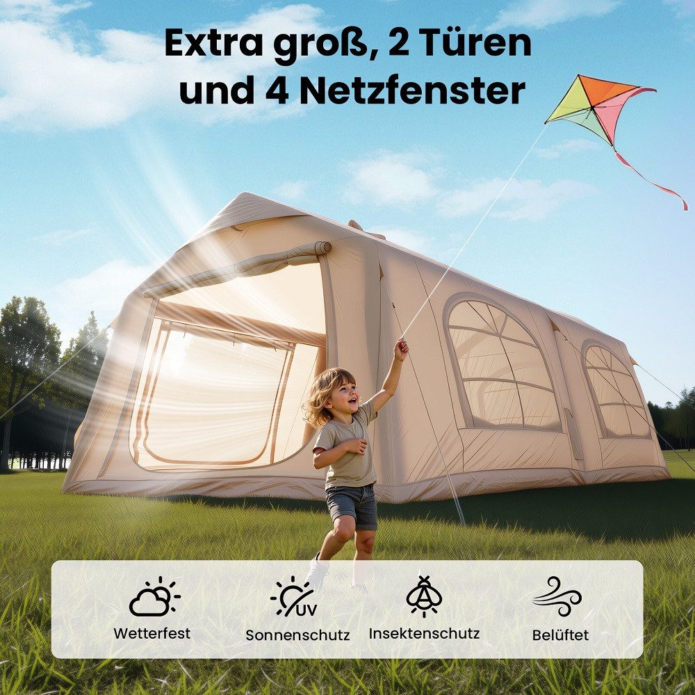 Meulbaty aufblasbares Zelt Camping Zelt Sufblasbar mit Kaminöffnung & Dachfenster Vordach, Personen: 12 (1 tlg), 10-12per XXL, ohne Markise