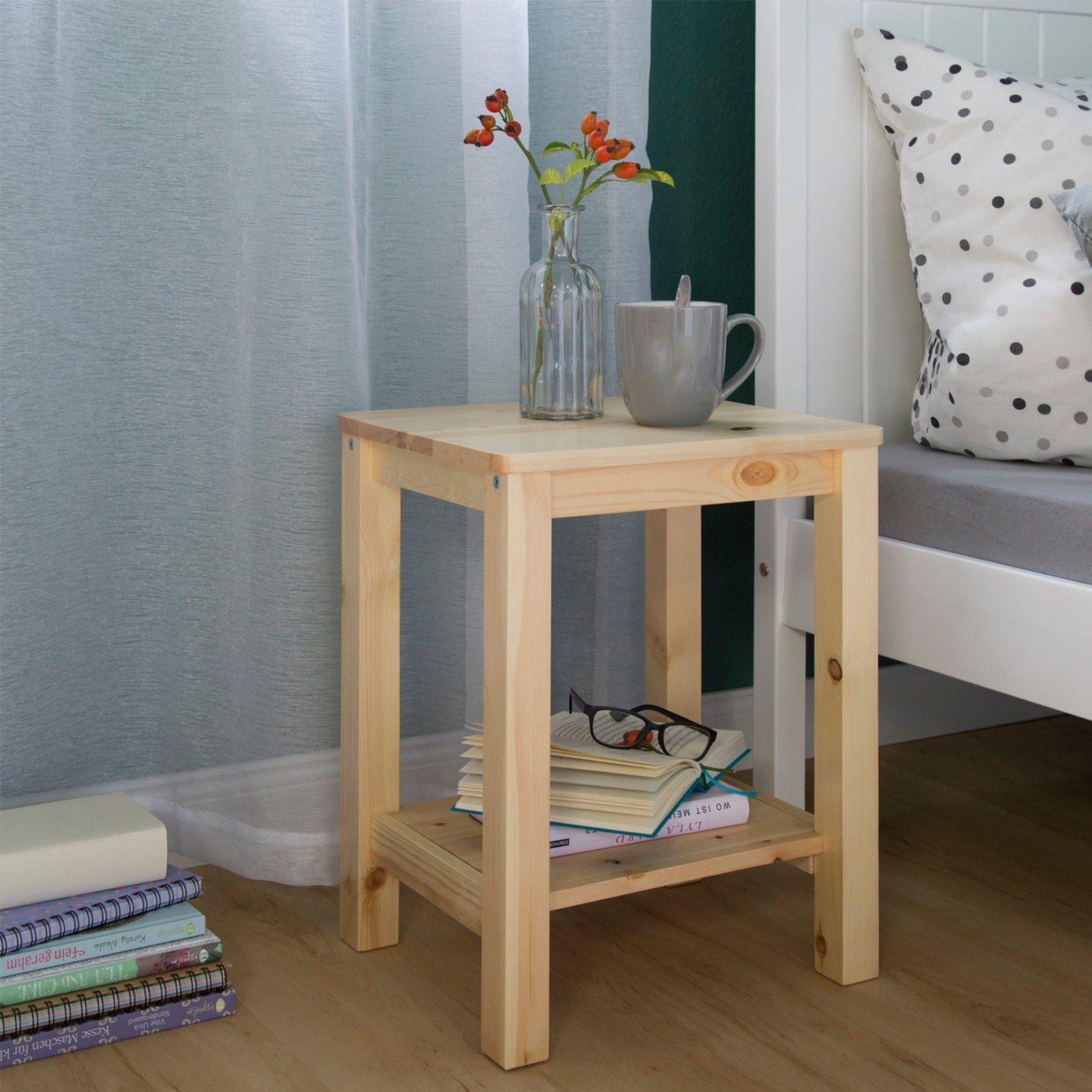 Homestyle4u Nachttisch Beistelltisch Holz Grau Weiß Natur Schlafzimmer Couchtisch, Hocker, Blumenhocker