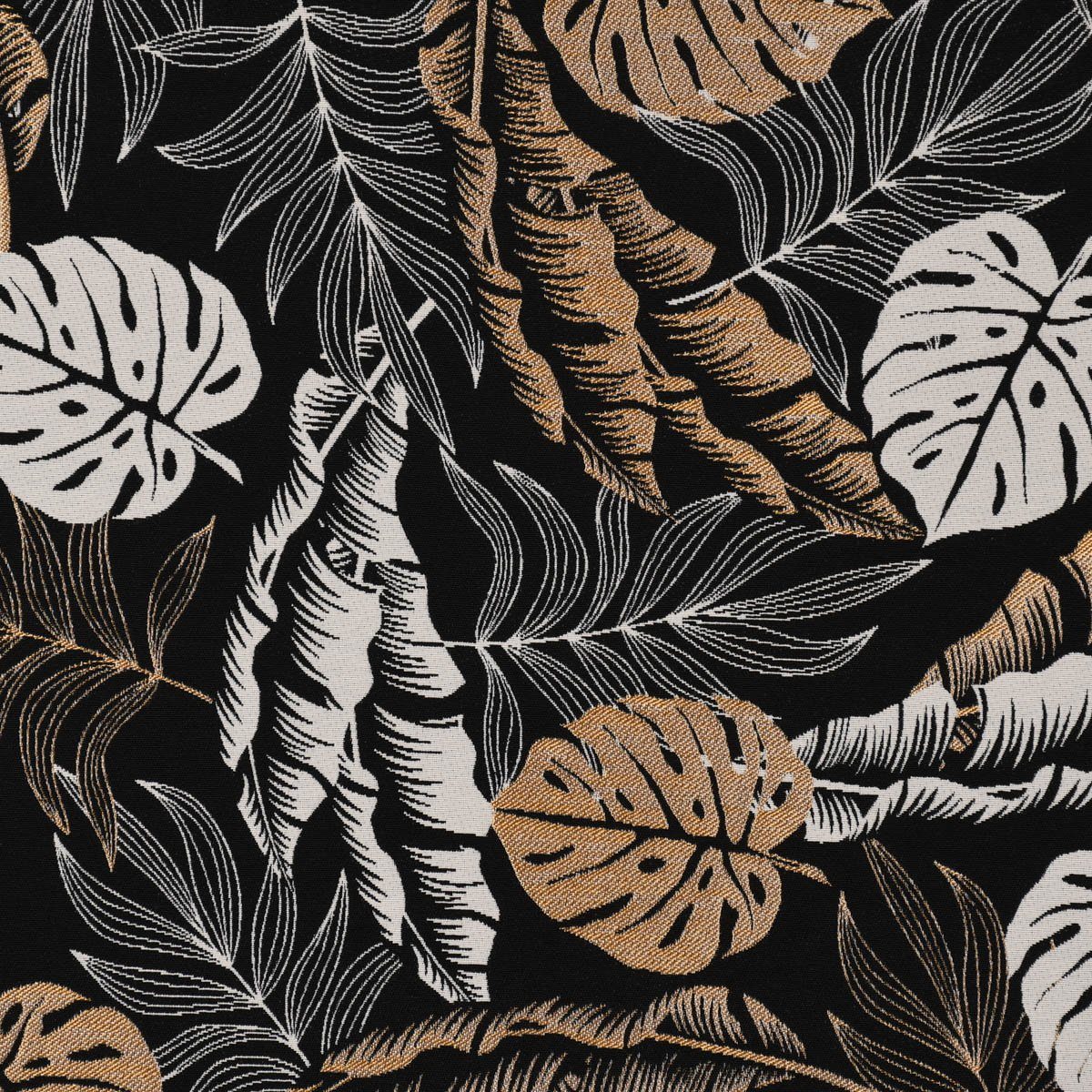 Stoff Dekostoff Metallic Botanic Leaf Luxury Blätter schwarz gold ecru 1,4m