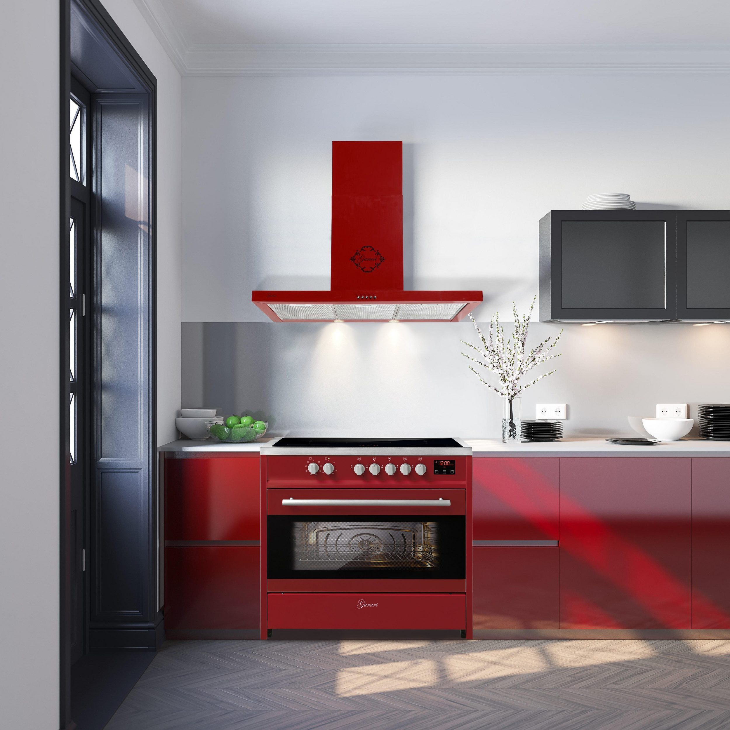 GURARI Induktions Herd-Set Range Cooker 90 cm, Elektro Standherd, 121L+Dunstabzugshaube 90 cm E 913 R+GCH 461 RD 9.,., mit 1-fach-Teleskopauszug