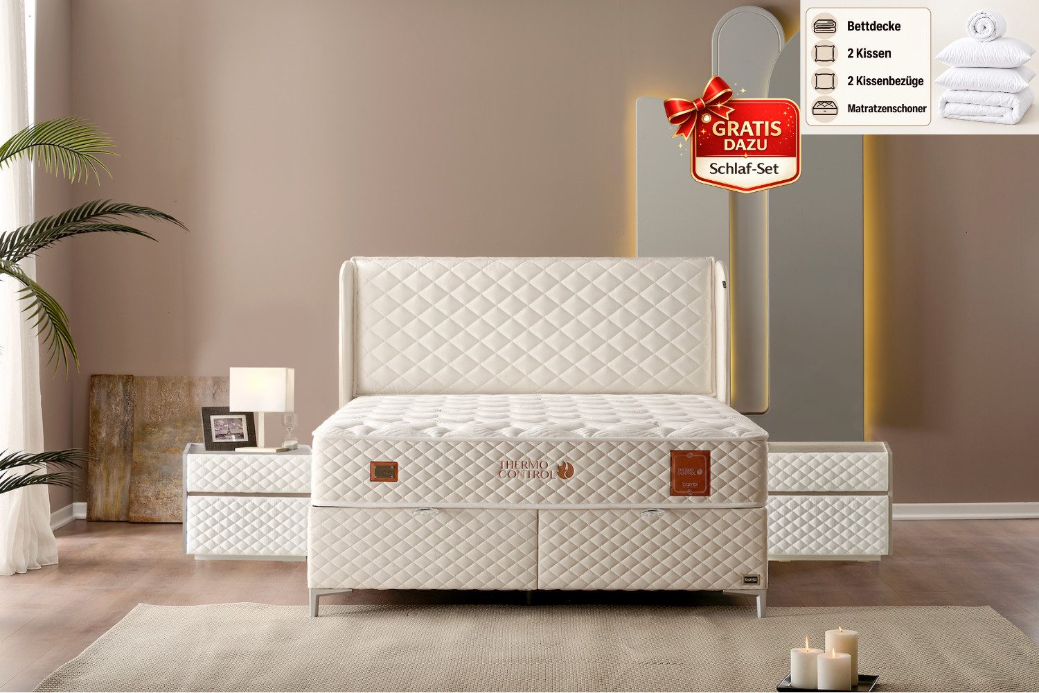 BAMBI YATAK Boxspringbett mit Bettkasten, Bambi Thermo Control, Bett mit Matratze & Stauraum H3 (140x200 cm, Boxbett), Taschenfederkern, Matratzenhöhe: 29 cm, Optionale Nachttisch