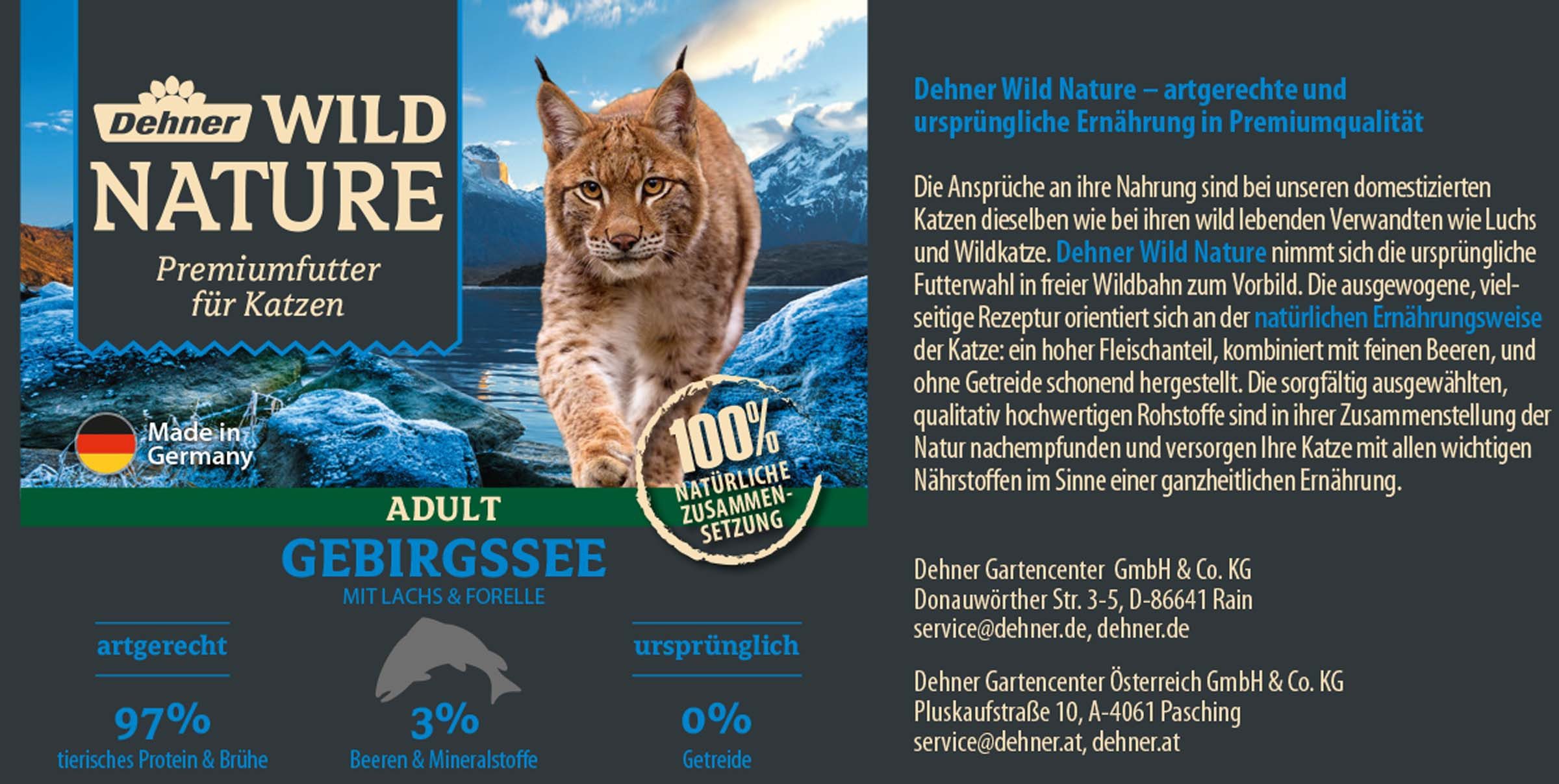 Dehner Wild Nature Gebirgssee Adult Lachs / Forelle, 6 x 200 / 400 g Dose Lachs, Nassfutter für: Katze, Nassfutter für ausgewachsene Katzen, glutenfrei