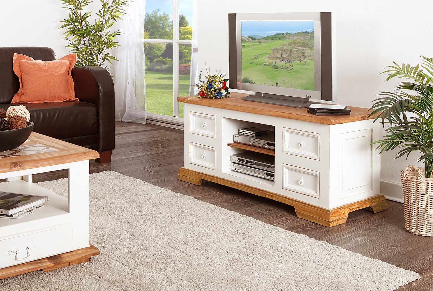 1a Direktimport TV-Board Fernsehschrank TV-Kommode Board Mexico Weiß - Pinie massiv - Landhaus