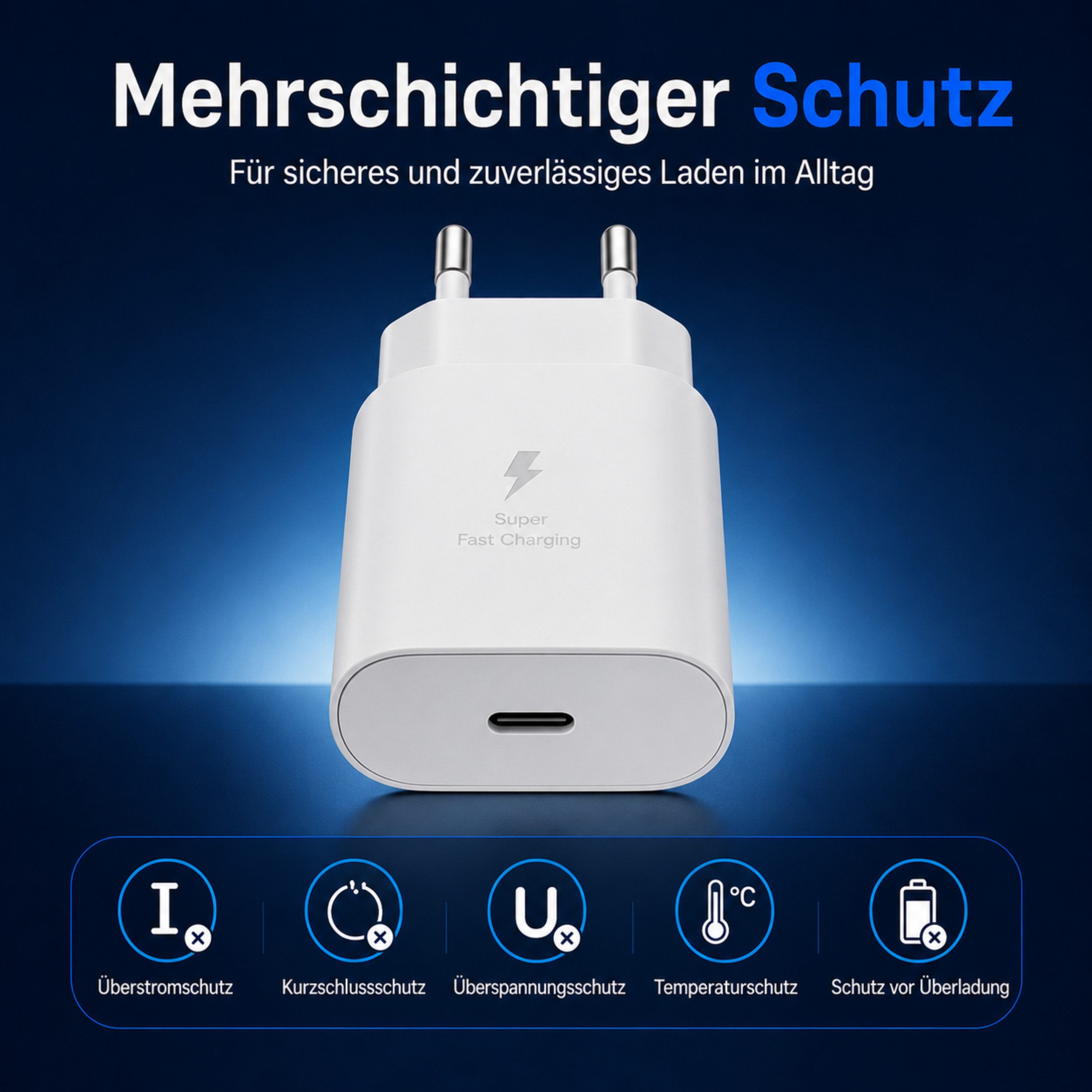 PlugUp 25W USB-C Schnellladegerät mit USB-C Ladekabel für Samsung Galaxy Smartphone-Ladegerät (3000 mA, Set, Inkl. USB-C Ladekabel, Ladeadapter für Samsung Gala – Bild 4 von 5