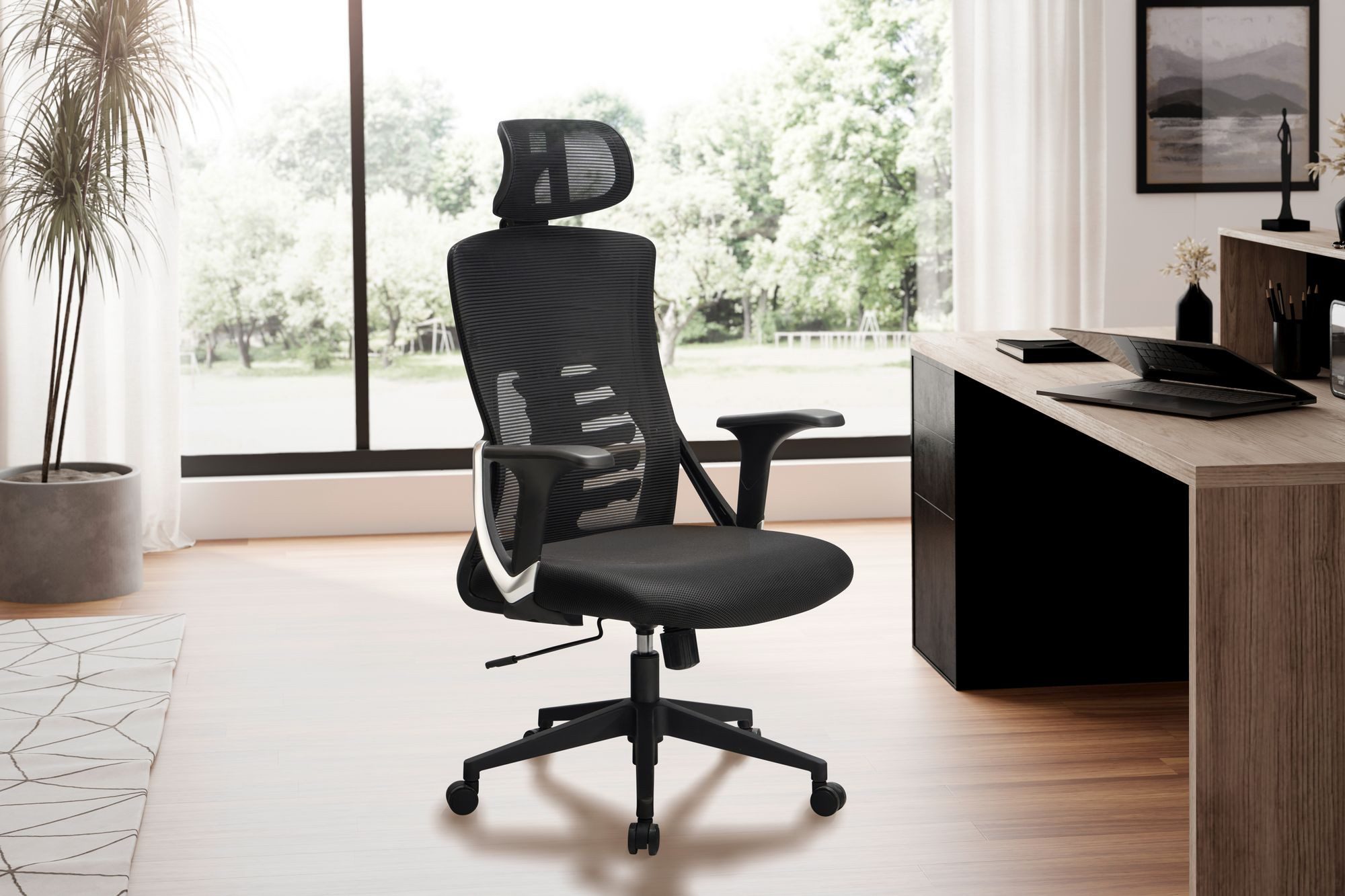 Amstyle Drehstuhl Bürostuhl Schreibtischstuhl Mesh Schwarz Ergonomisch 120 kg (Bürostuhl Schwarz Mesh-Bezug 120 kg Drehbar), Schreibtischstuhl Stoff, Ergonomisch mit Armlehnen